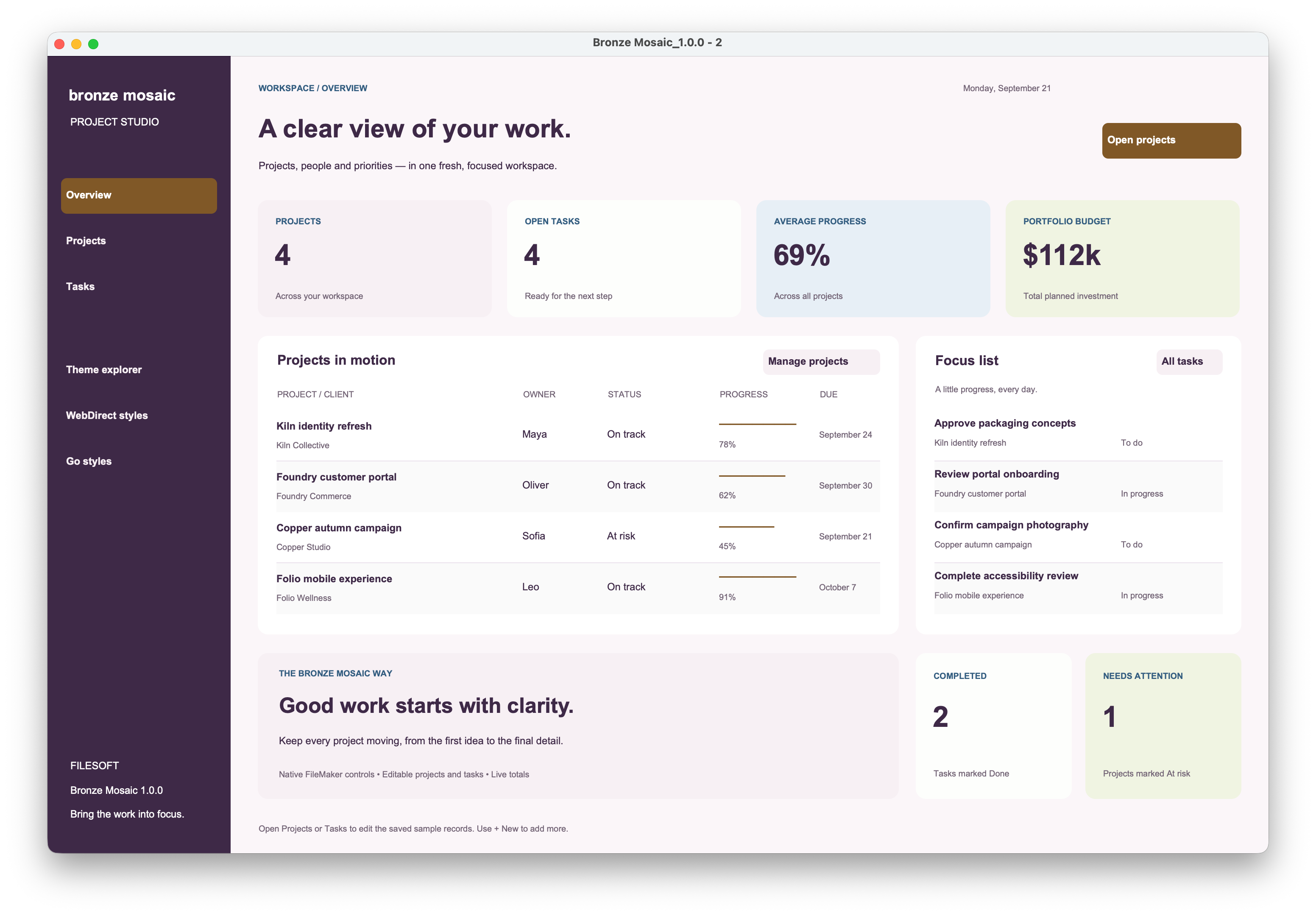 Bronze Mosaic native dashboard preview