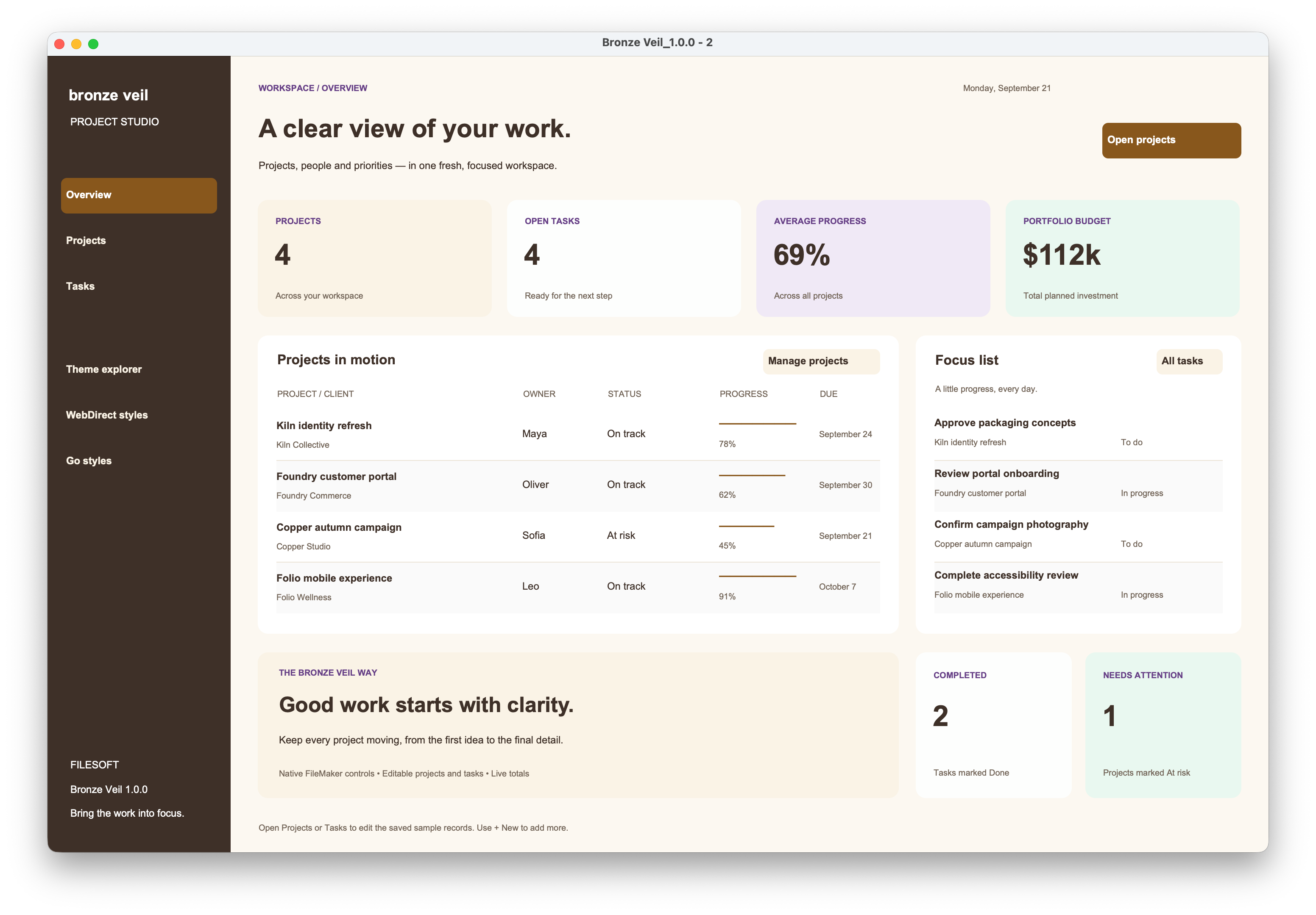 Bronze Veil native dashboard preview