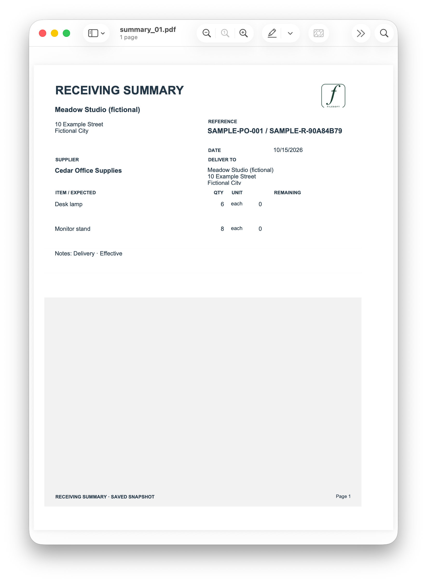 First receipt summary saved after the second delivery: 6 desk lamps and 8 monitor stands in the receipt, with zero currently remaining.