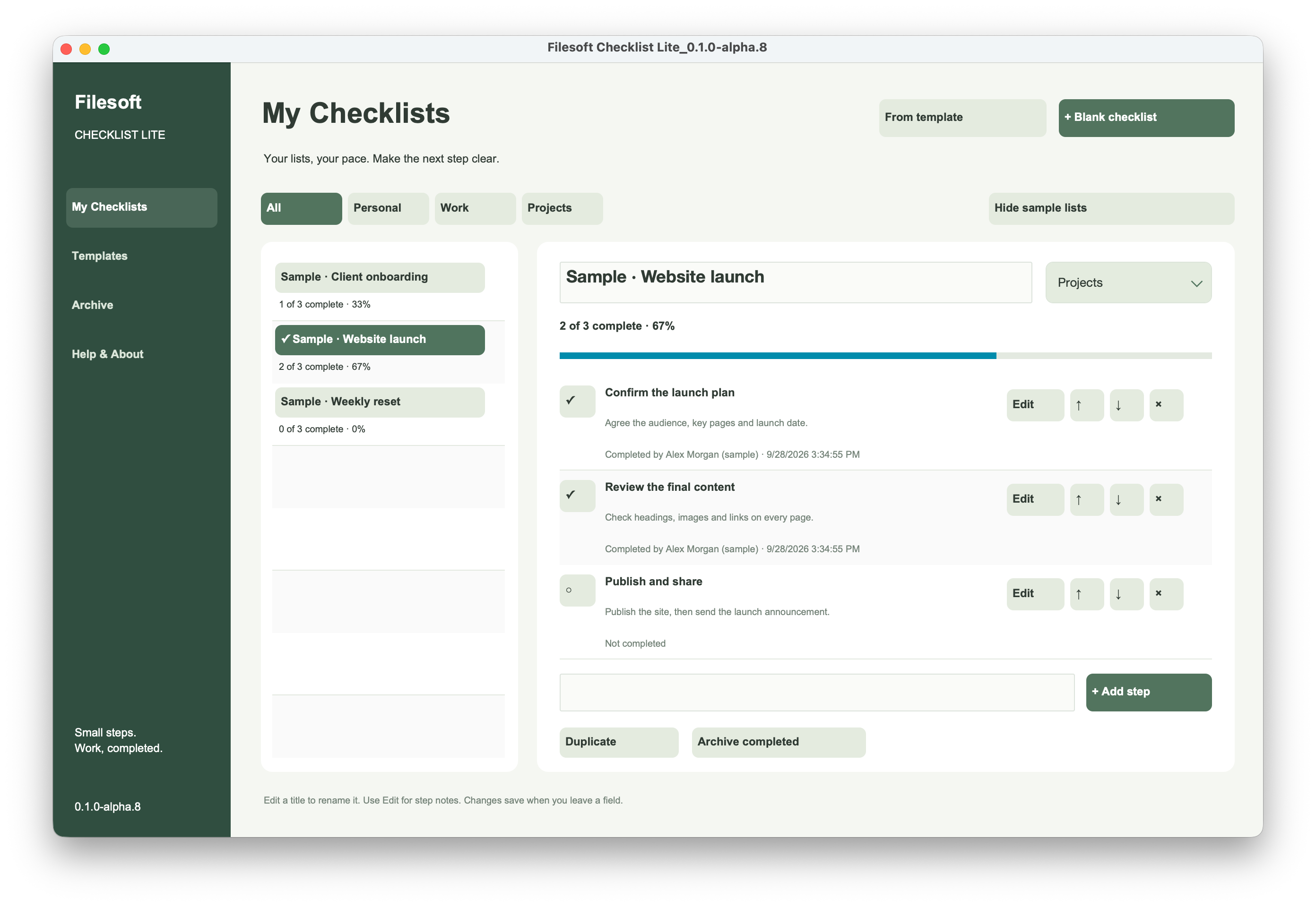 Checklist Lite showing a sample website launch with step notes and two of three tasks complete.