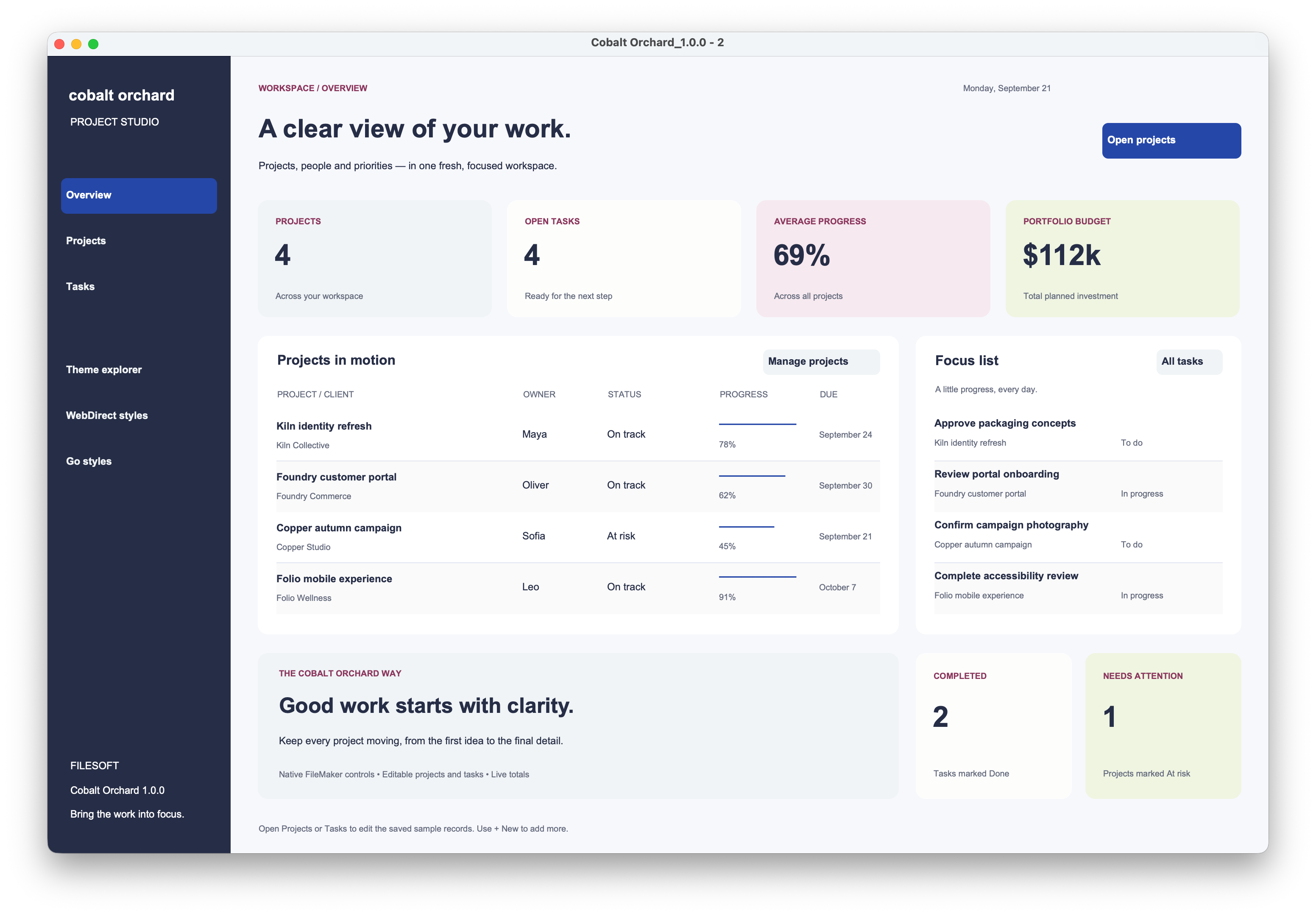 Cobalt Orchard native dashboard preview