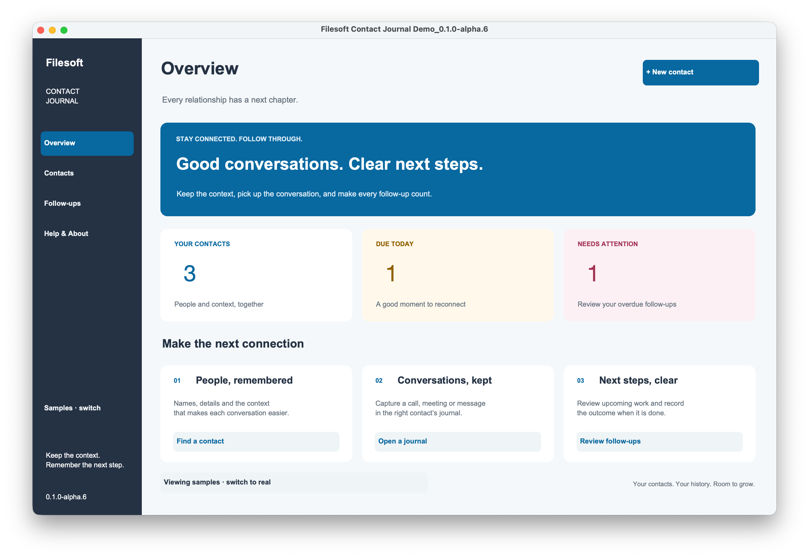 Contact Journal shared workflow preview from the standalone alpha.6 demo