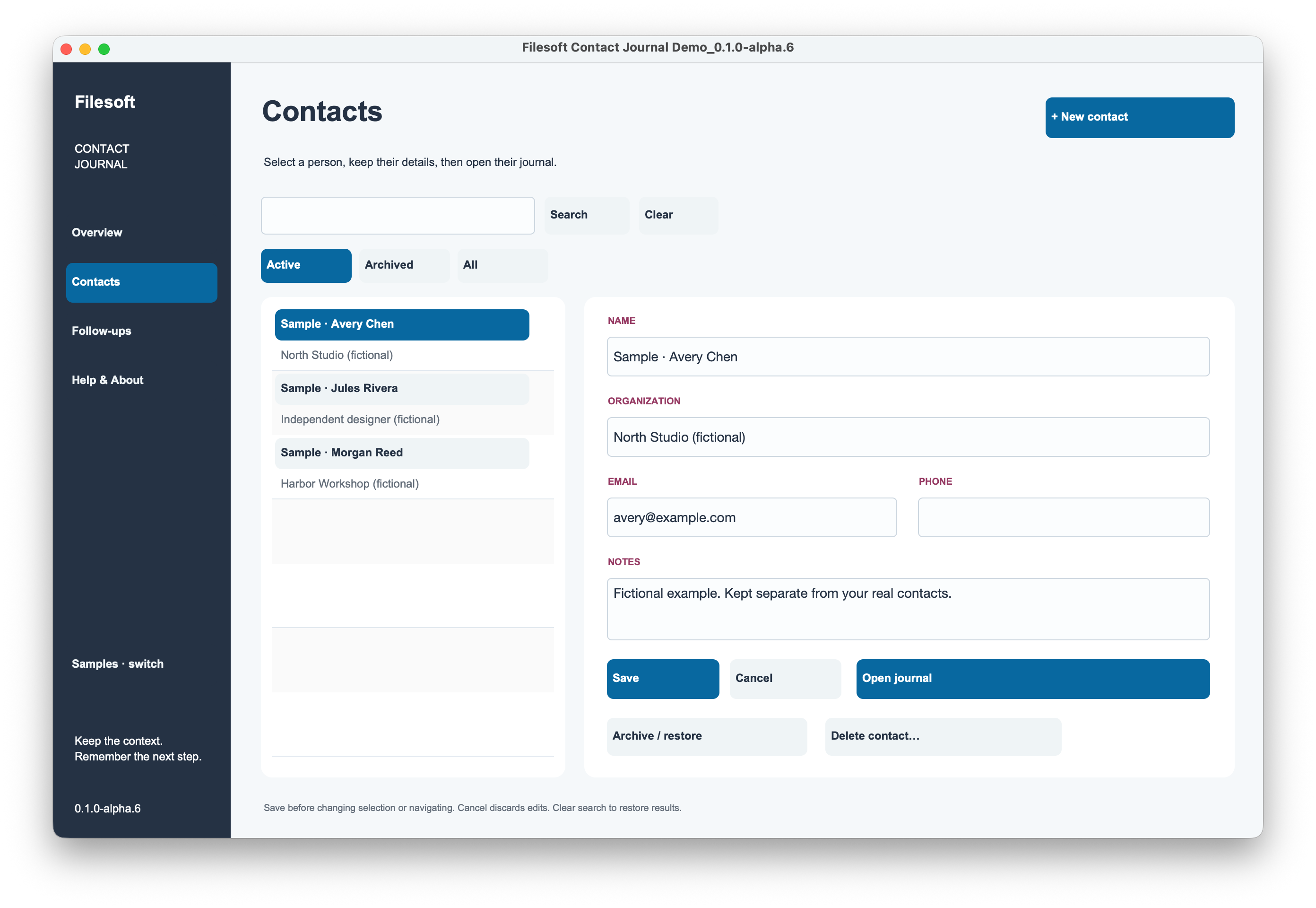 Contacts screen with fictional Avery Chen selected, showing organization, email and notes.