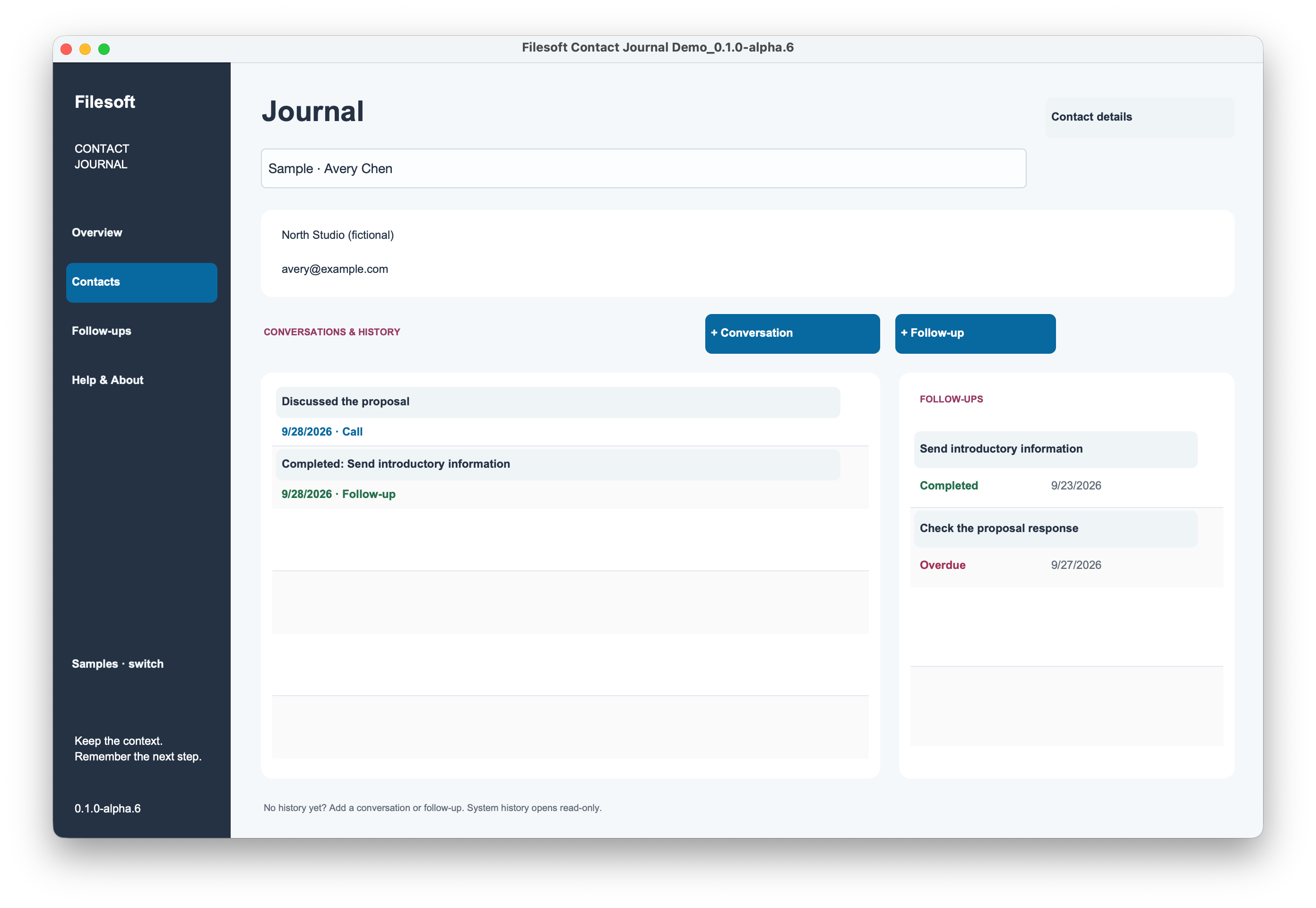 Avery Chen’s journal with a call, a completed follow-up history entry and an overdue follow-up.