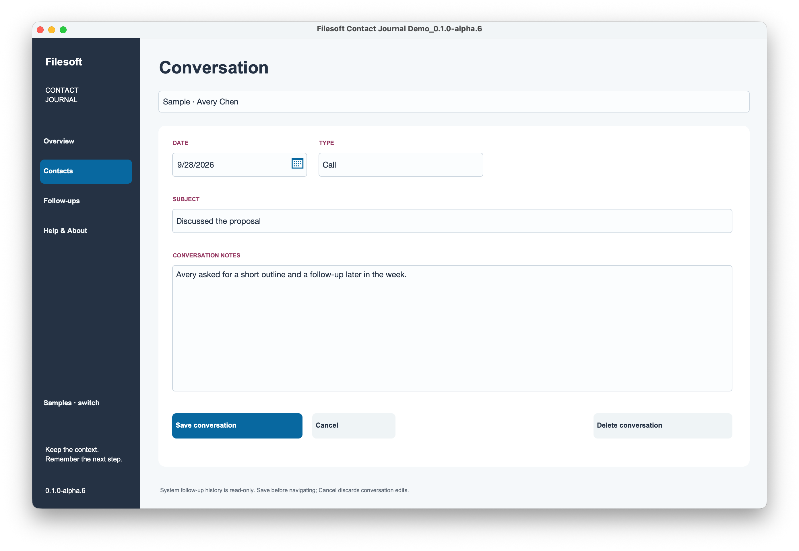 Conversation editor showing a sample call dated September 28, 2026, about a proposal.