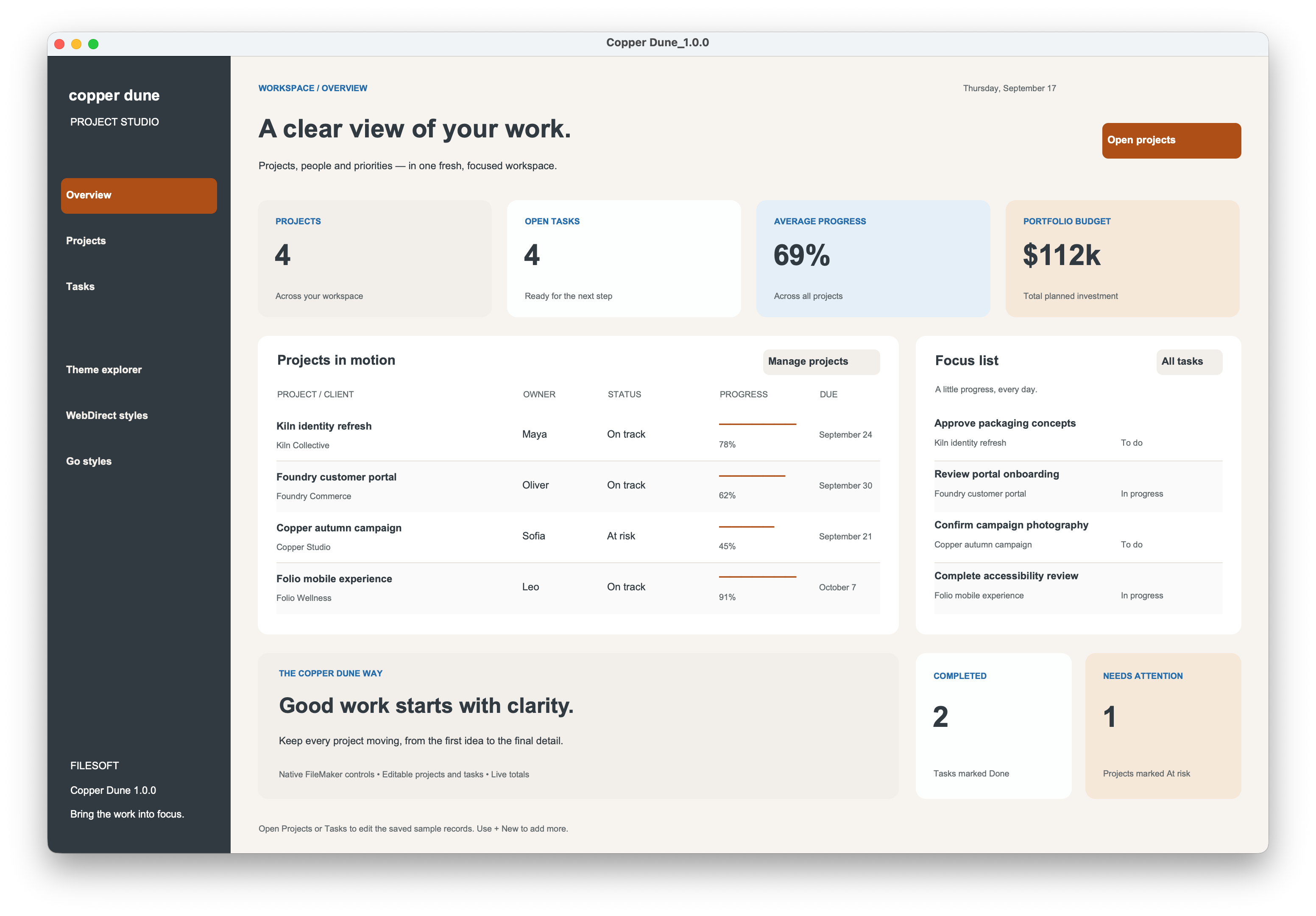 Copper Dune in FileMaker: a project dashboard with a slate sidebar, copper accents, and project summaries.
