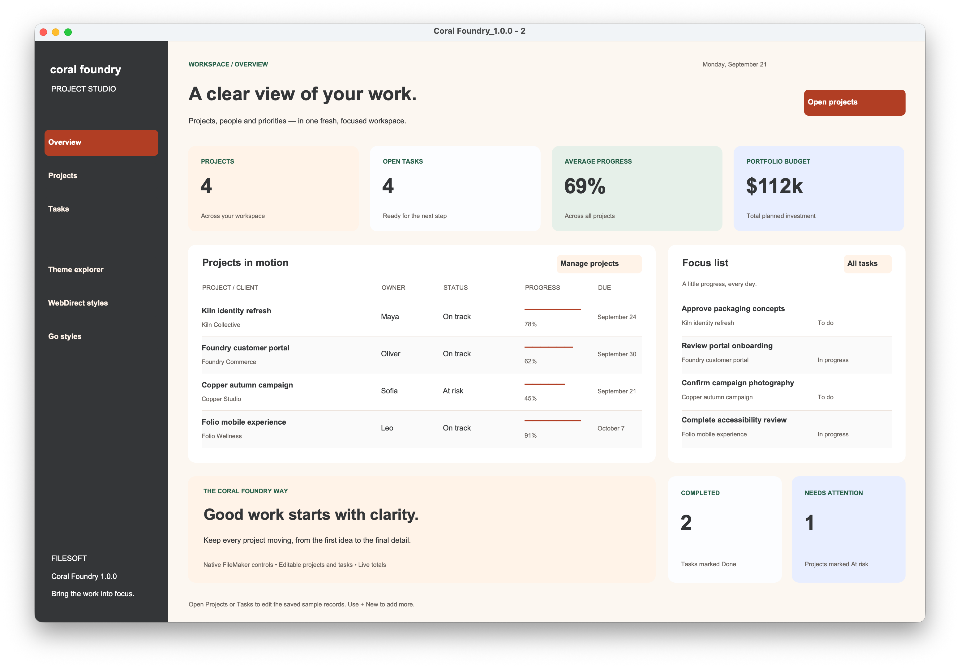 Coral Foundry native dashboard preview