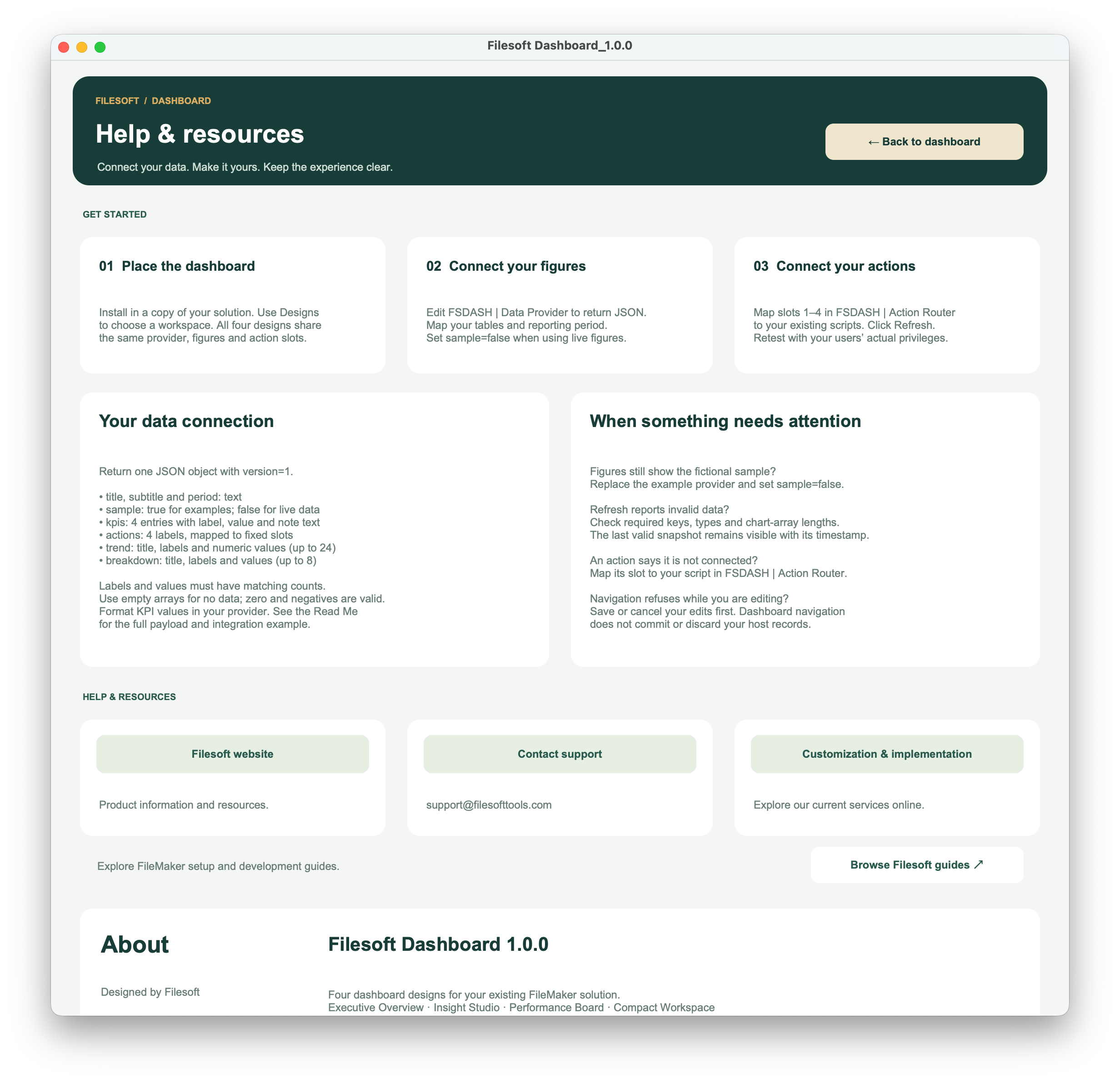 Setup steps, JSON data contract, support links and About section in the Filesoft Dashboard demo.