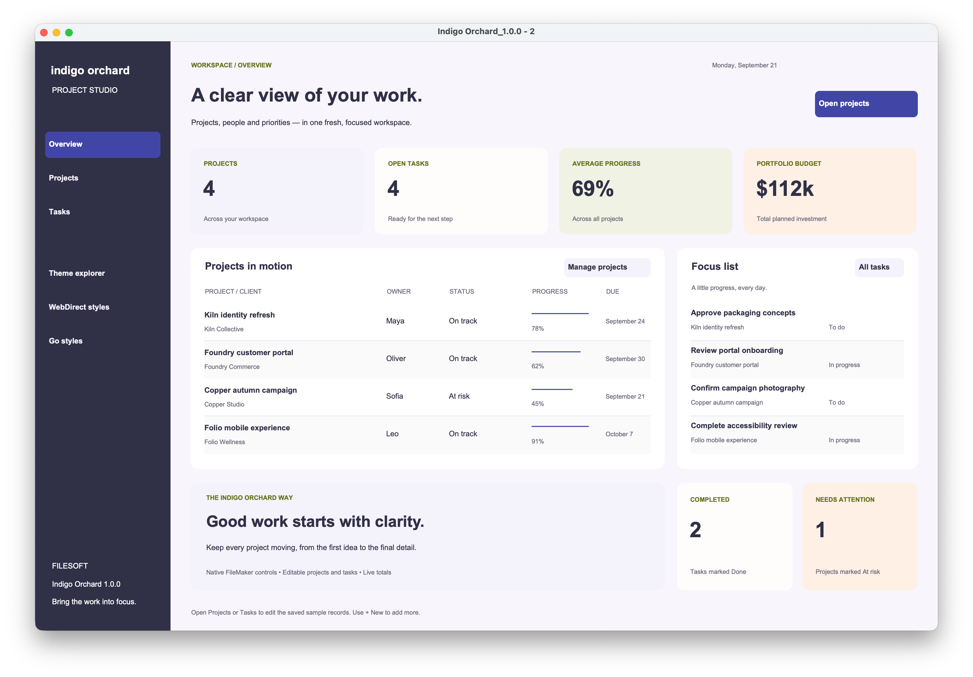 Indigo Orchard native dashboard preview