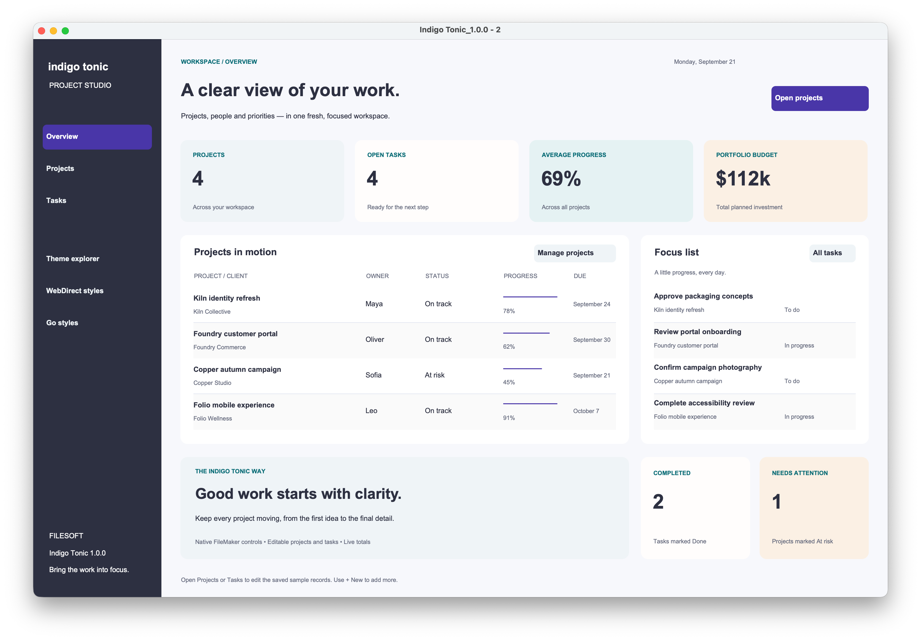 Indigo Tonic native dashboard preview