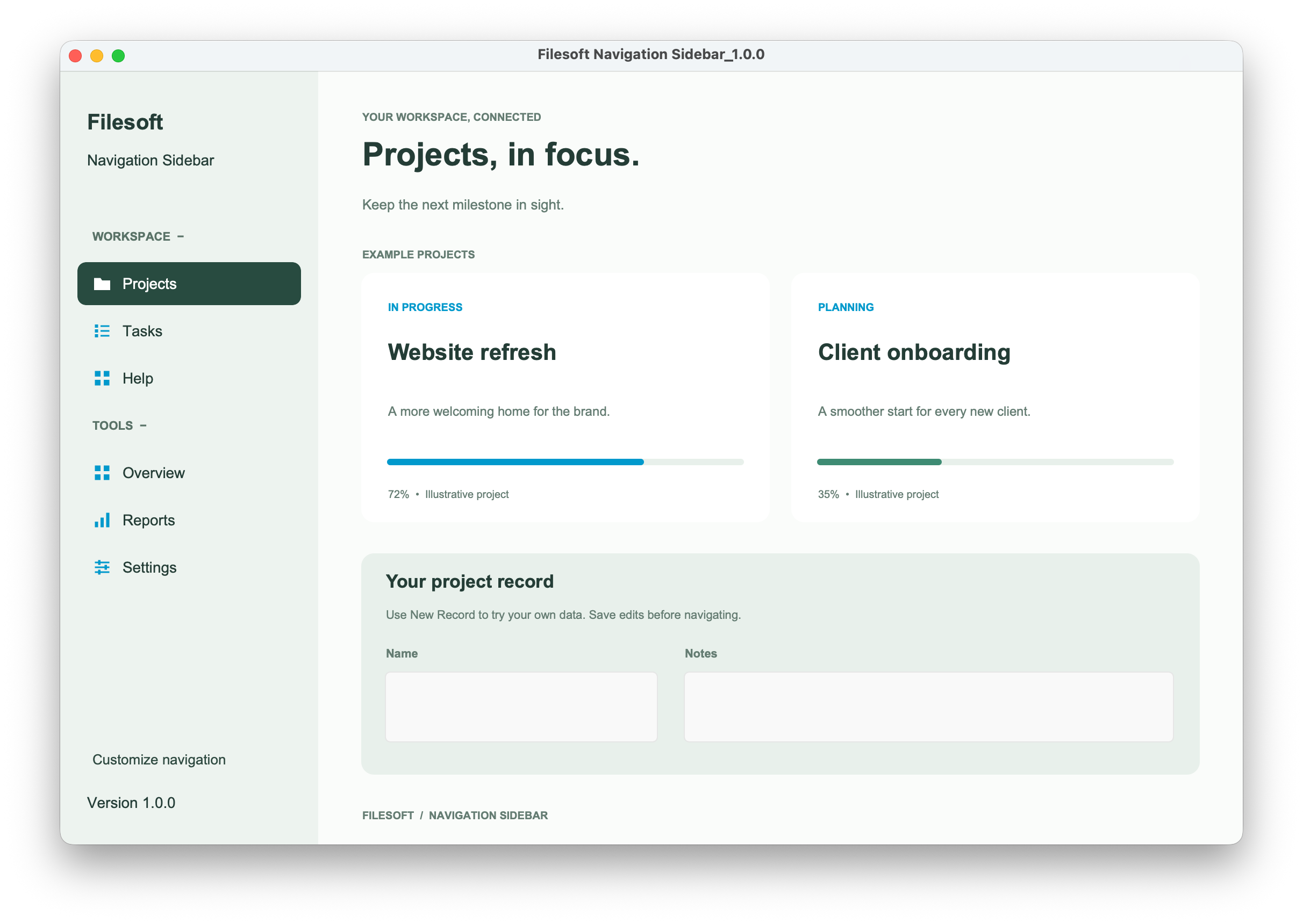 Projects layout in the editable reference demo