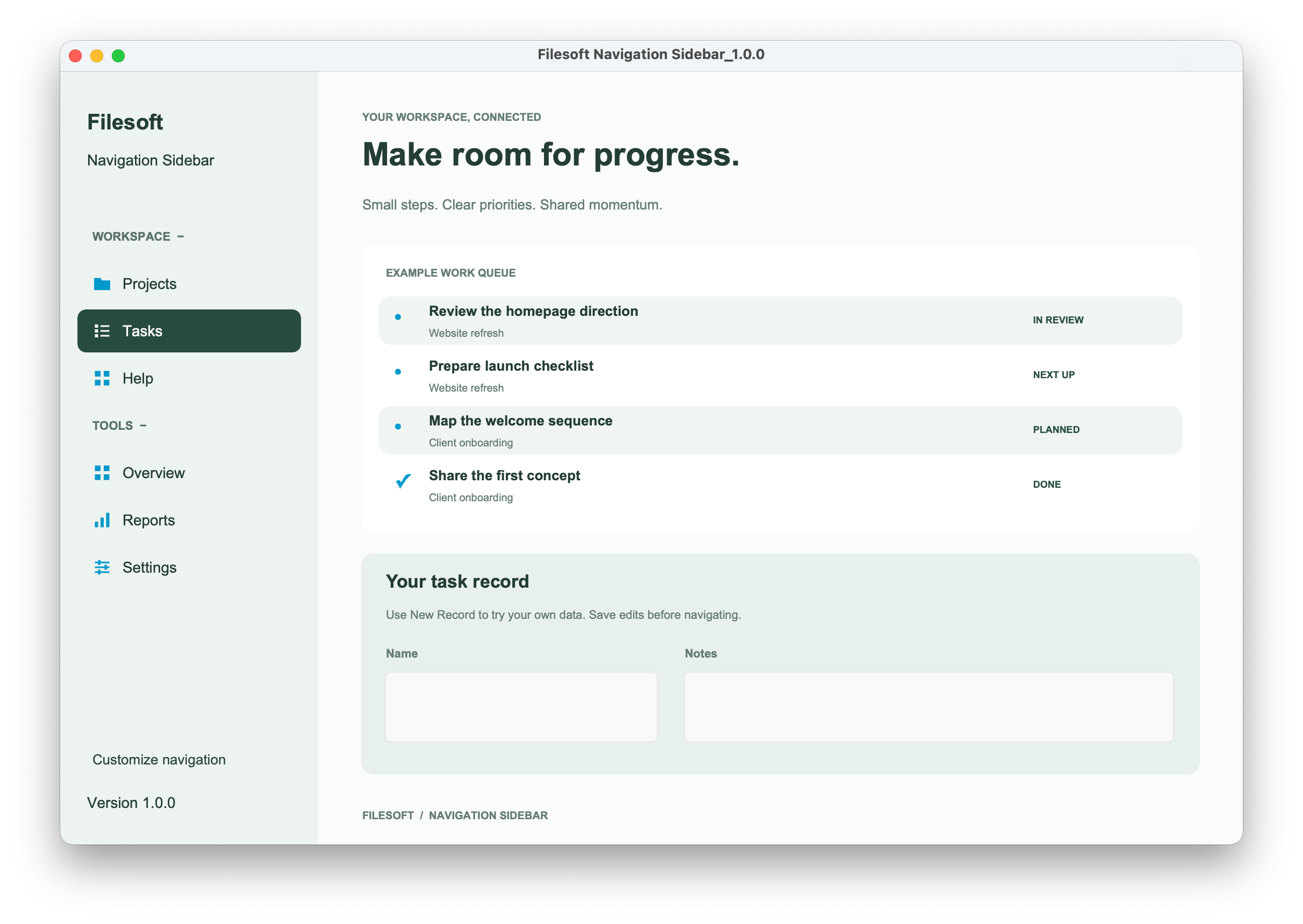 Tasks layout in the editable reference demo