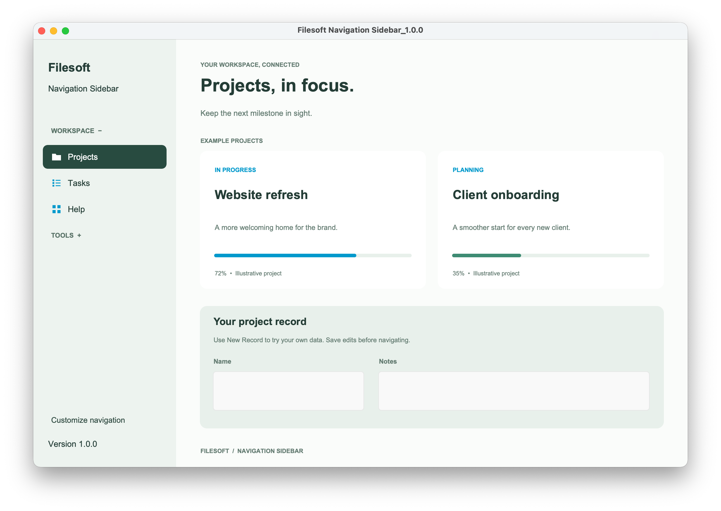 Sidebar with a collapsed navigation section