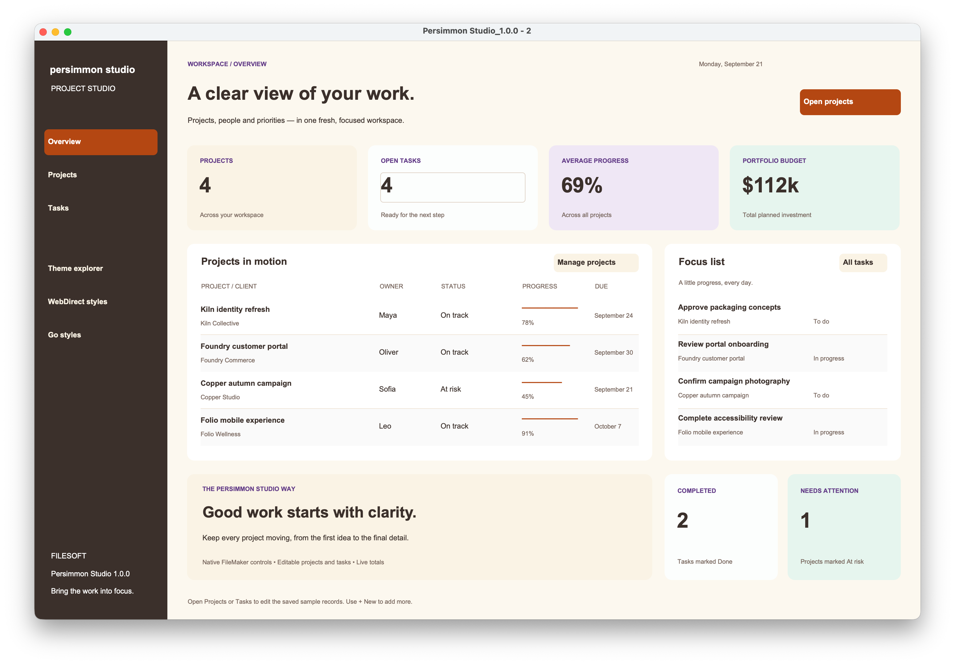 Persimmon Studio native dashboard preview