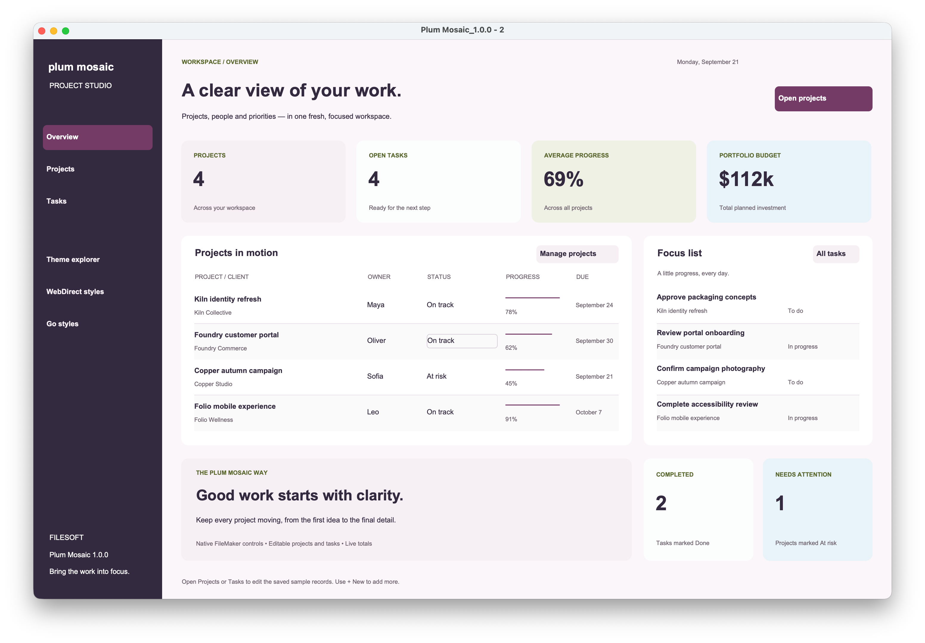 Plum Mosaic native dashboard preview