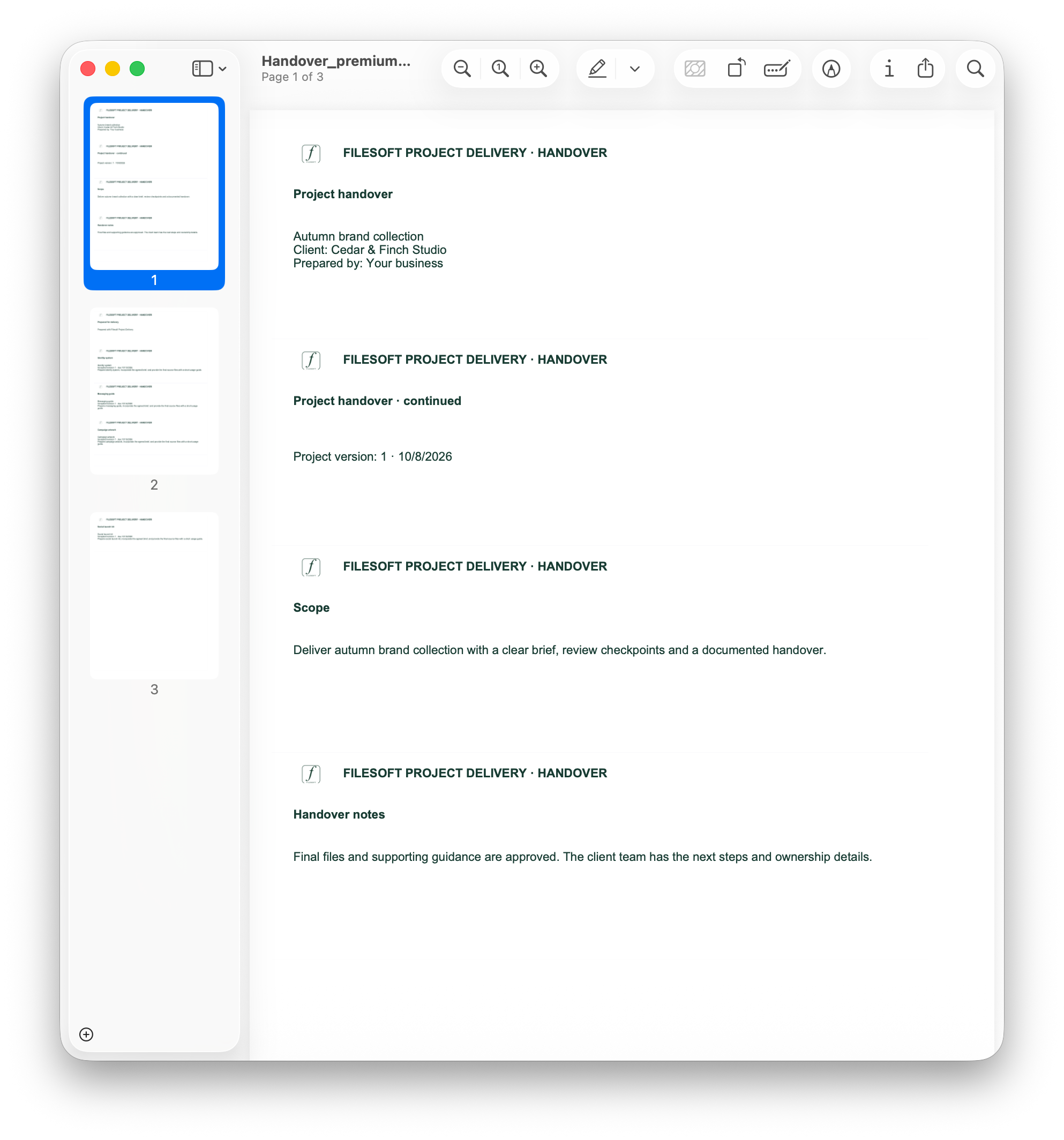 Filesoft Project Delivery Premium 1.0.0 — handover pdf preview