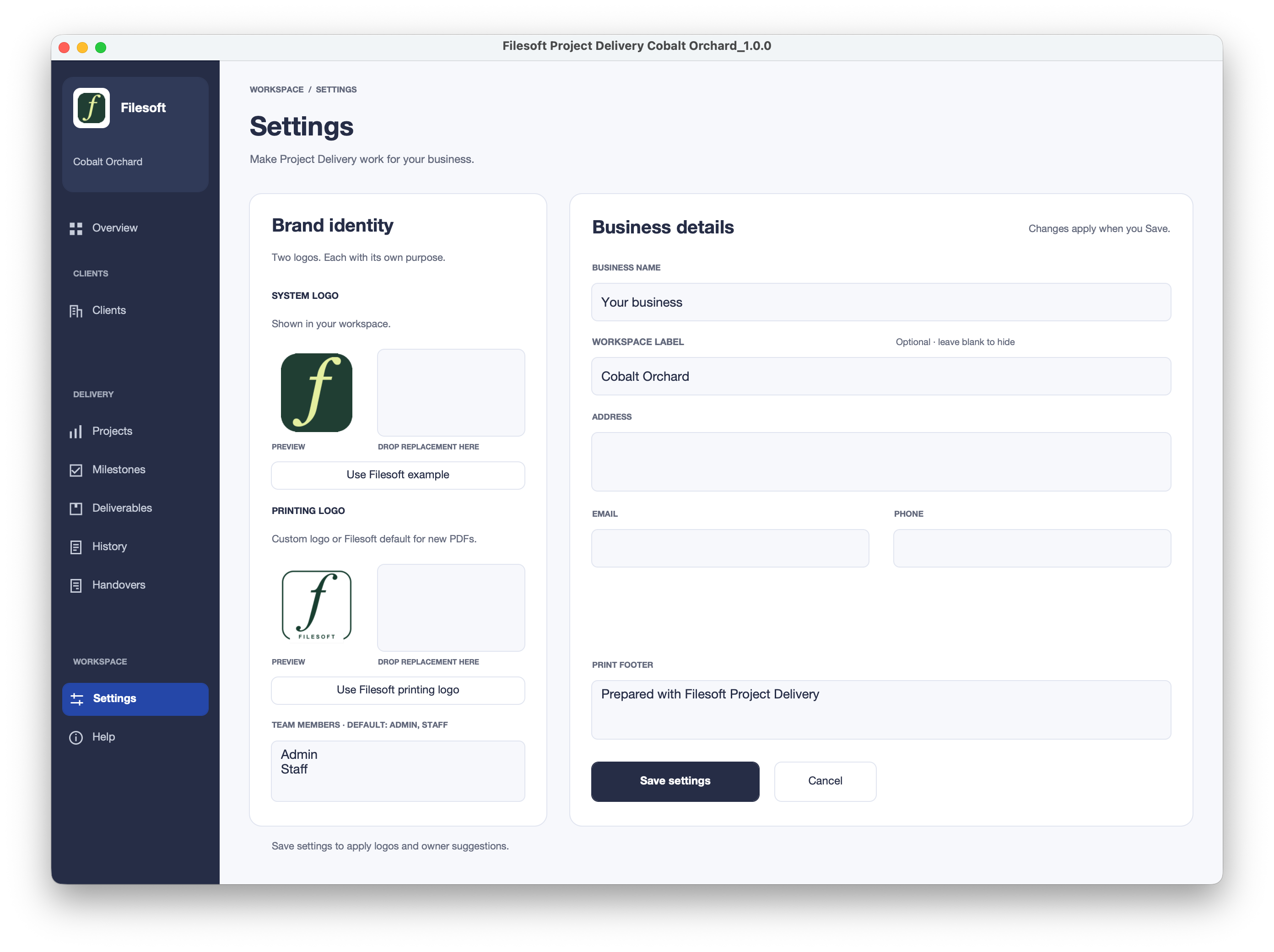 Filesoft Project Delivery Premium 1.0.0 — settings