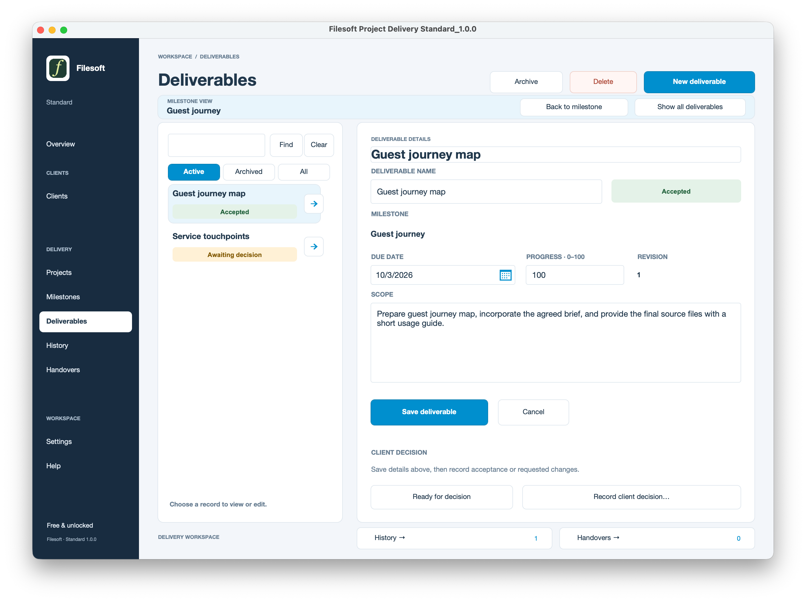 Filesoft Project Delivery Standard 1.0.0 — deliverables