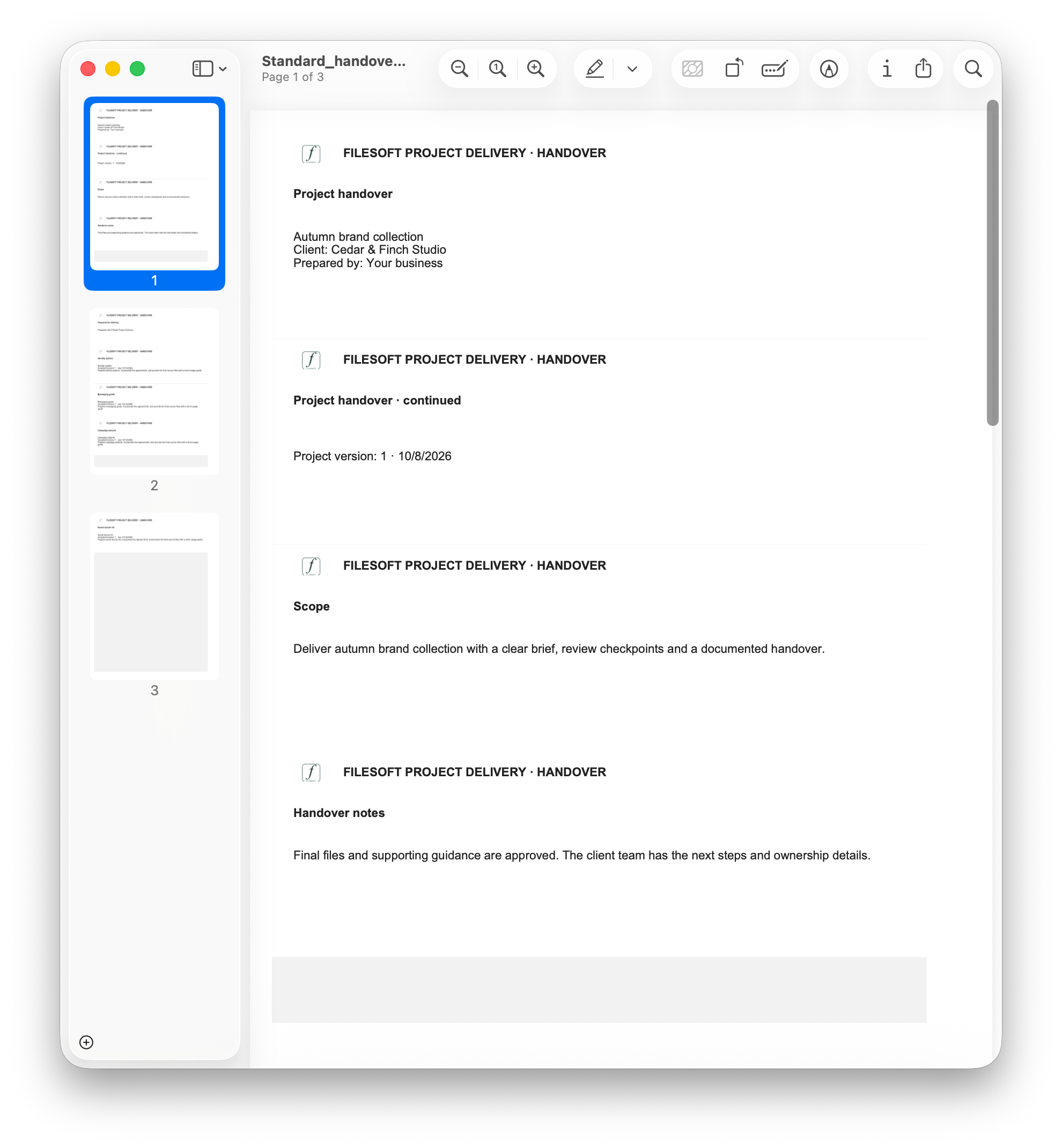 Filesoft Project Delivery Standard 1.0.0 — handover pdf preview
