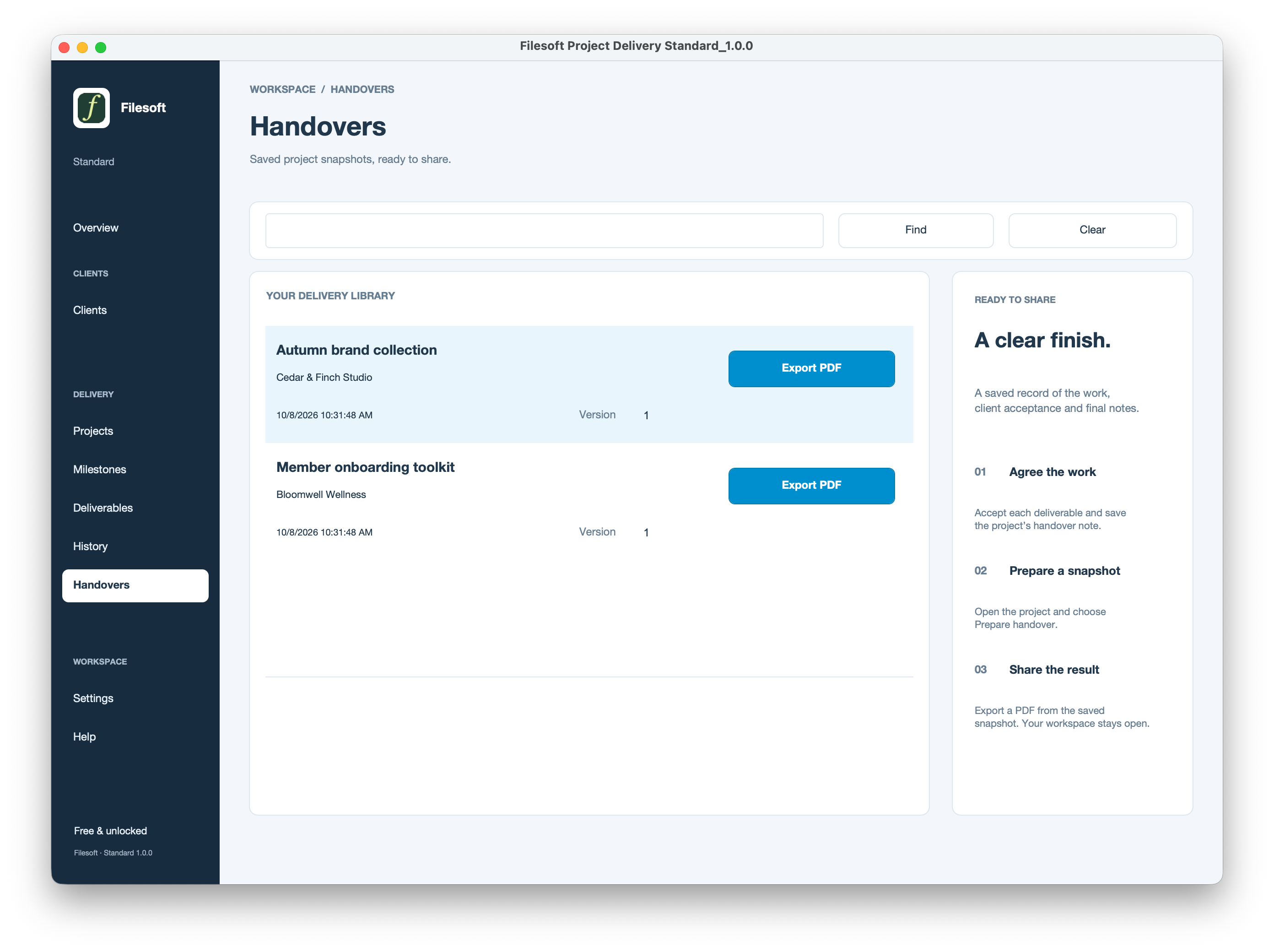 Filesoft Project Delivery Standard 1.0.0 — handovers