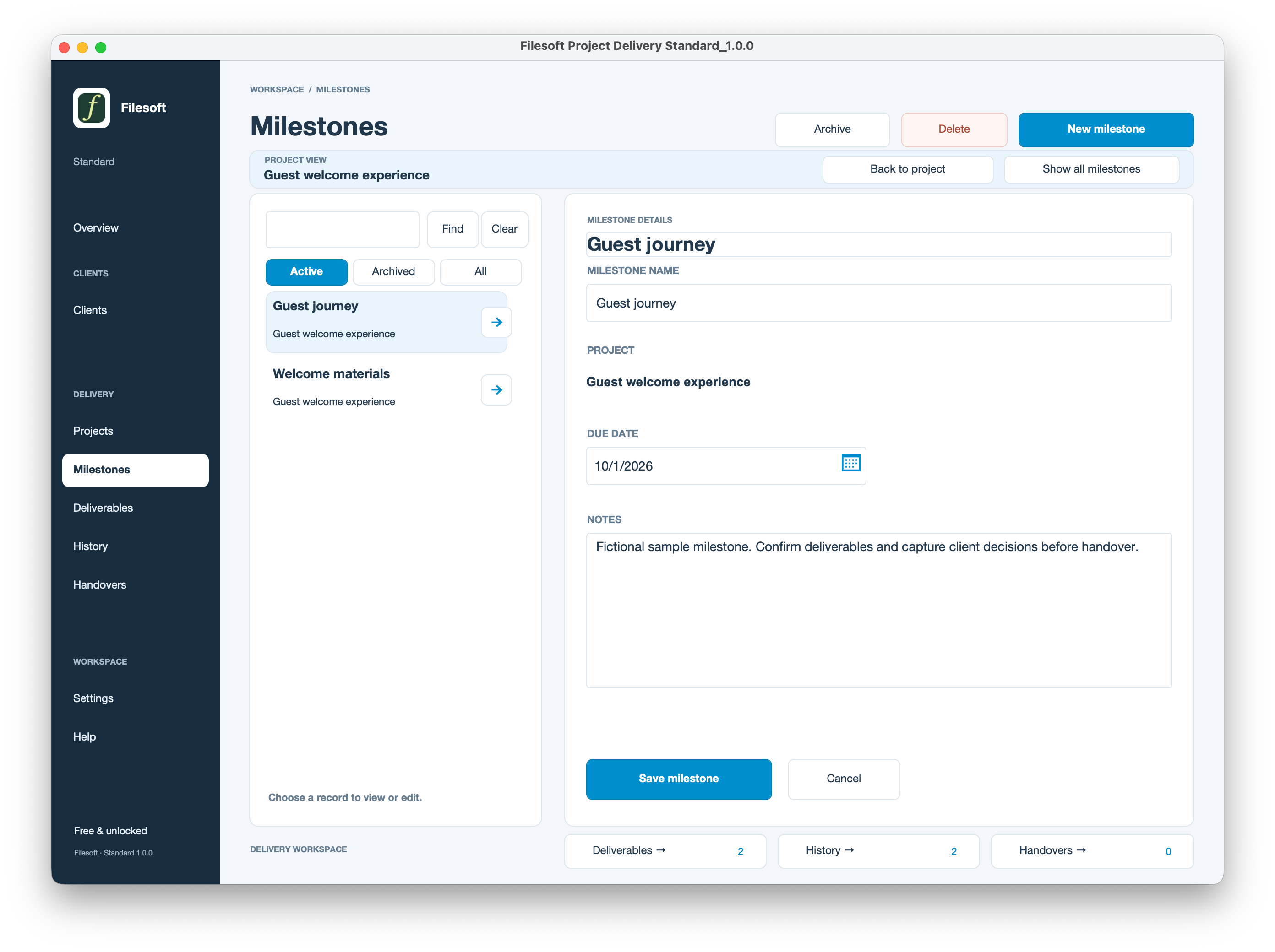 Filesoft Project Delivery Standard 1.0.0 — milestones