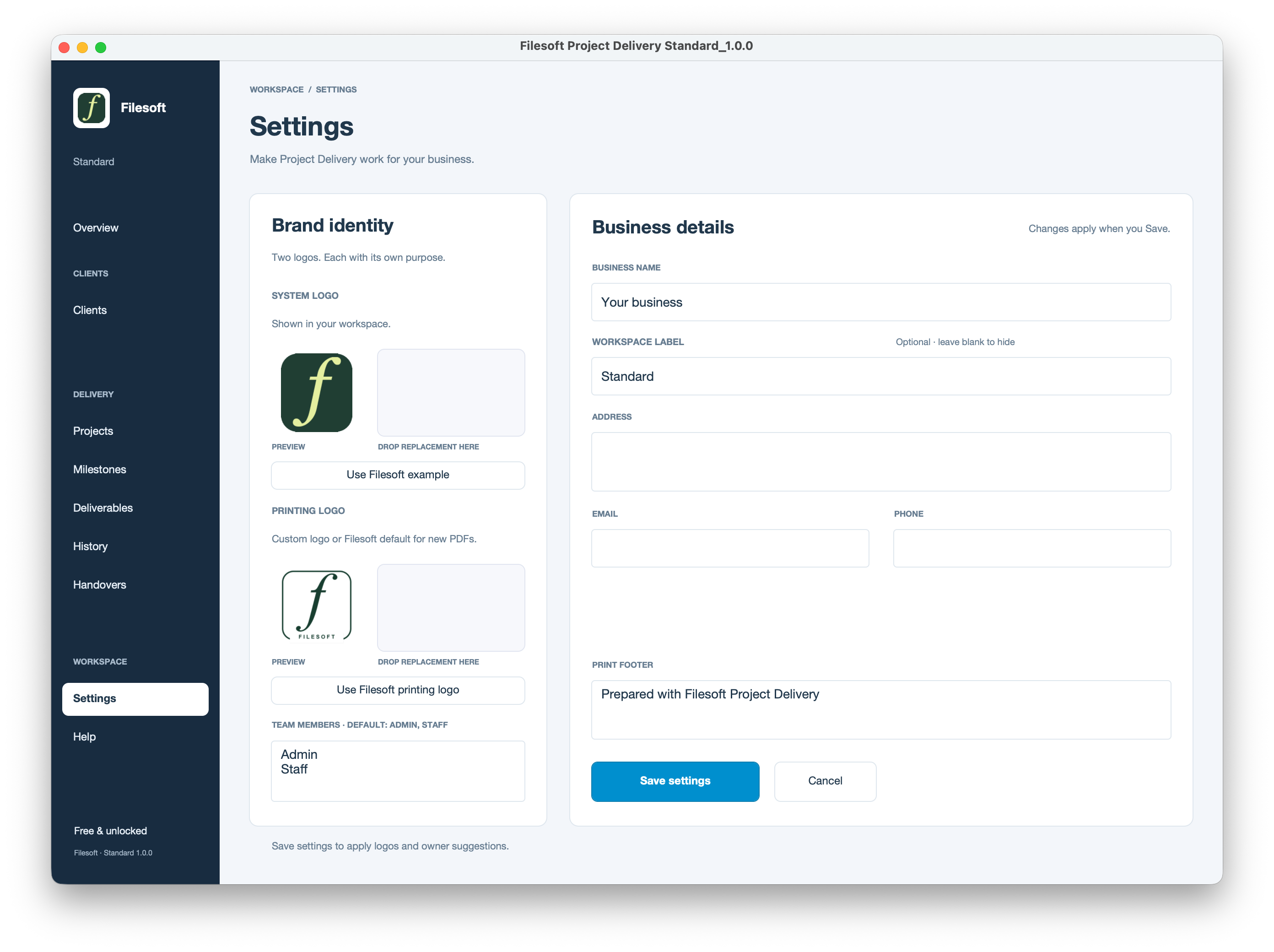 Filesoft Project Delivery Standard 1.0.0 — settings