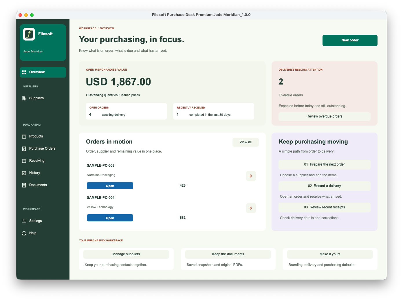 Purchase Desk Premium 1.0.0 — Overview, with fictional sample records