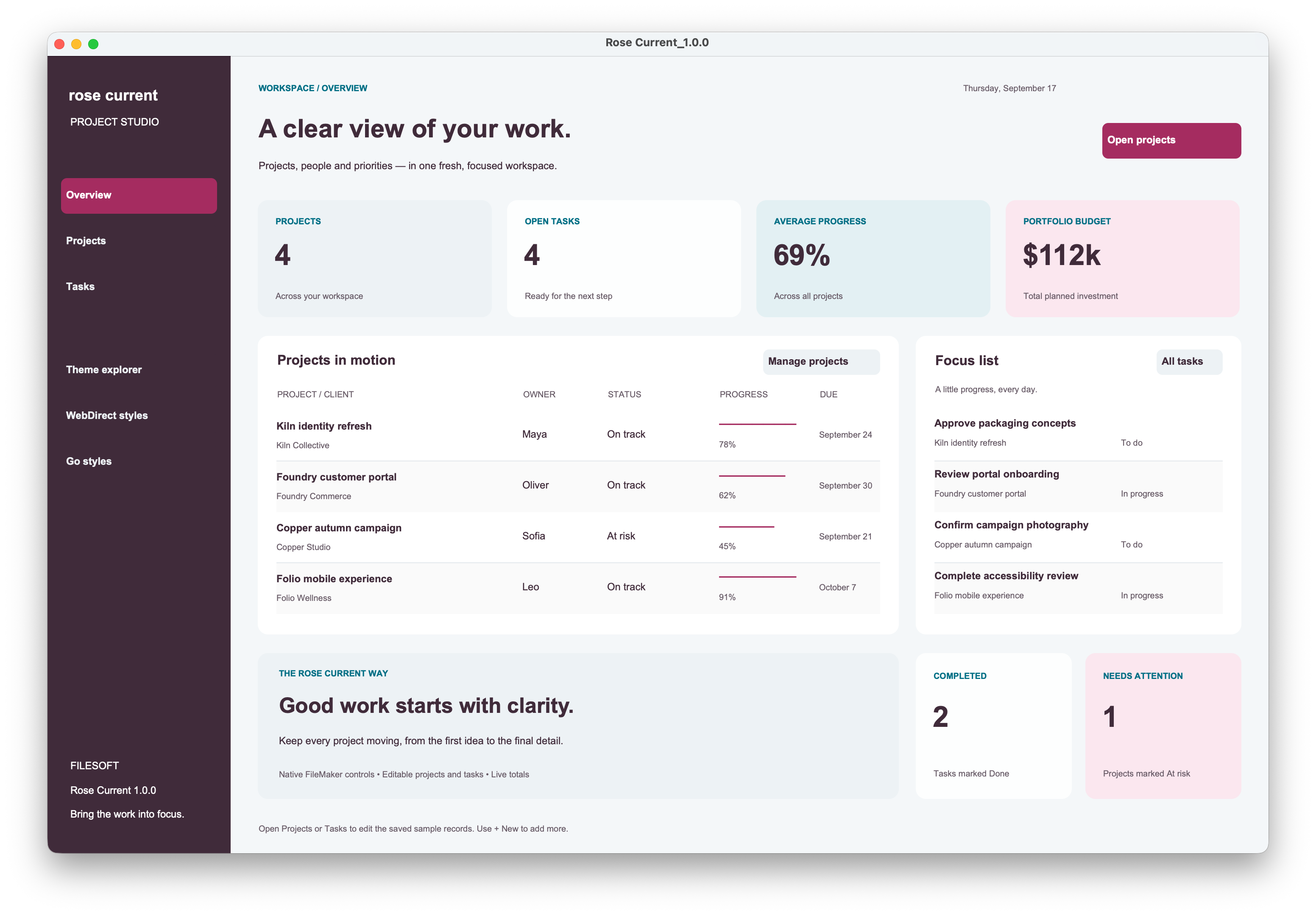 Rose Current dashboard native screenshot