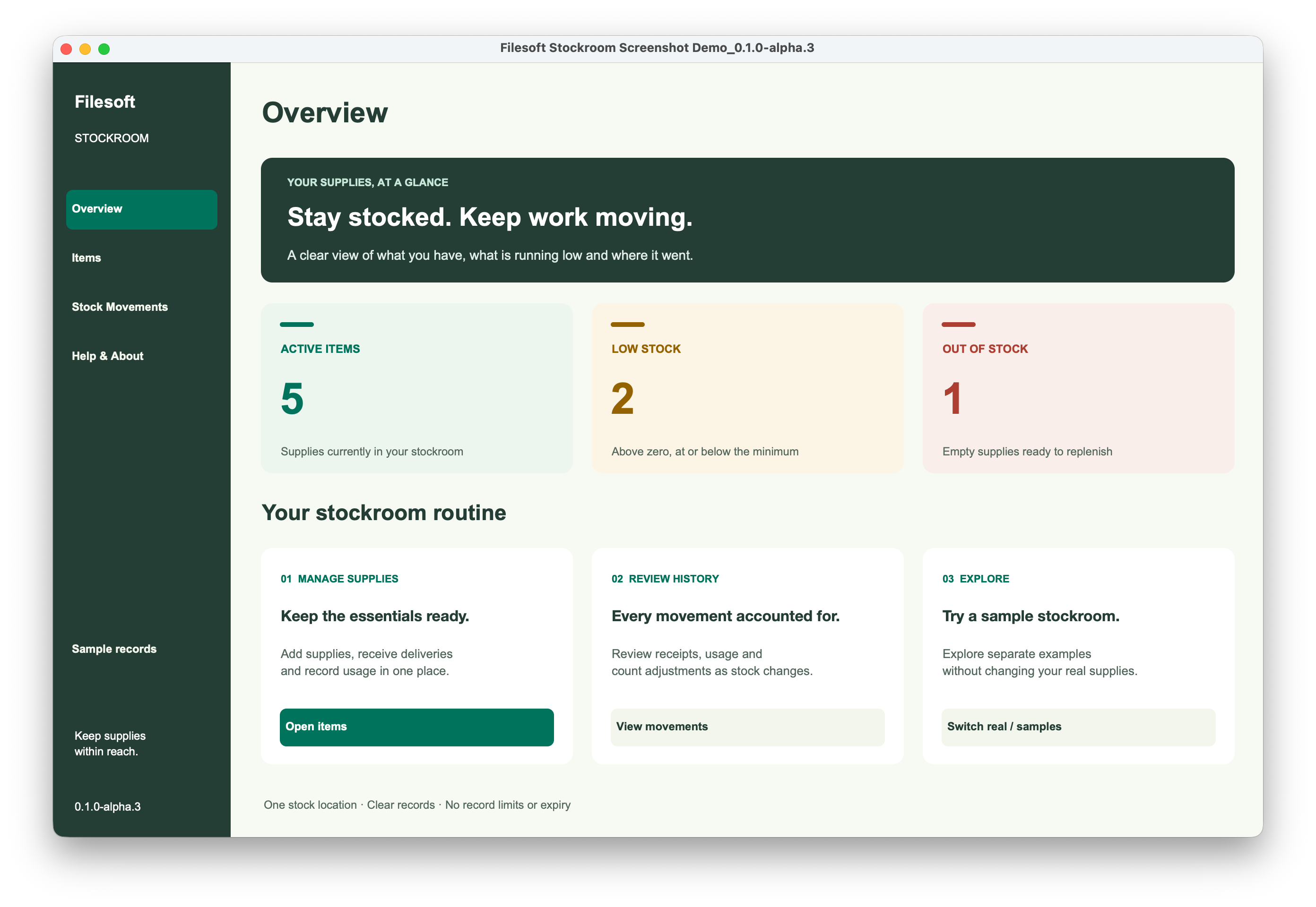Stockroom Overview showing active, low-stock and out-of-stock totals