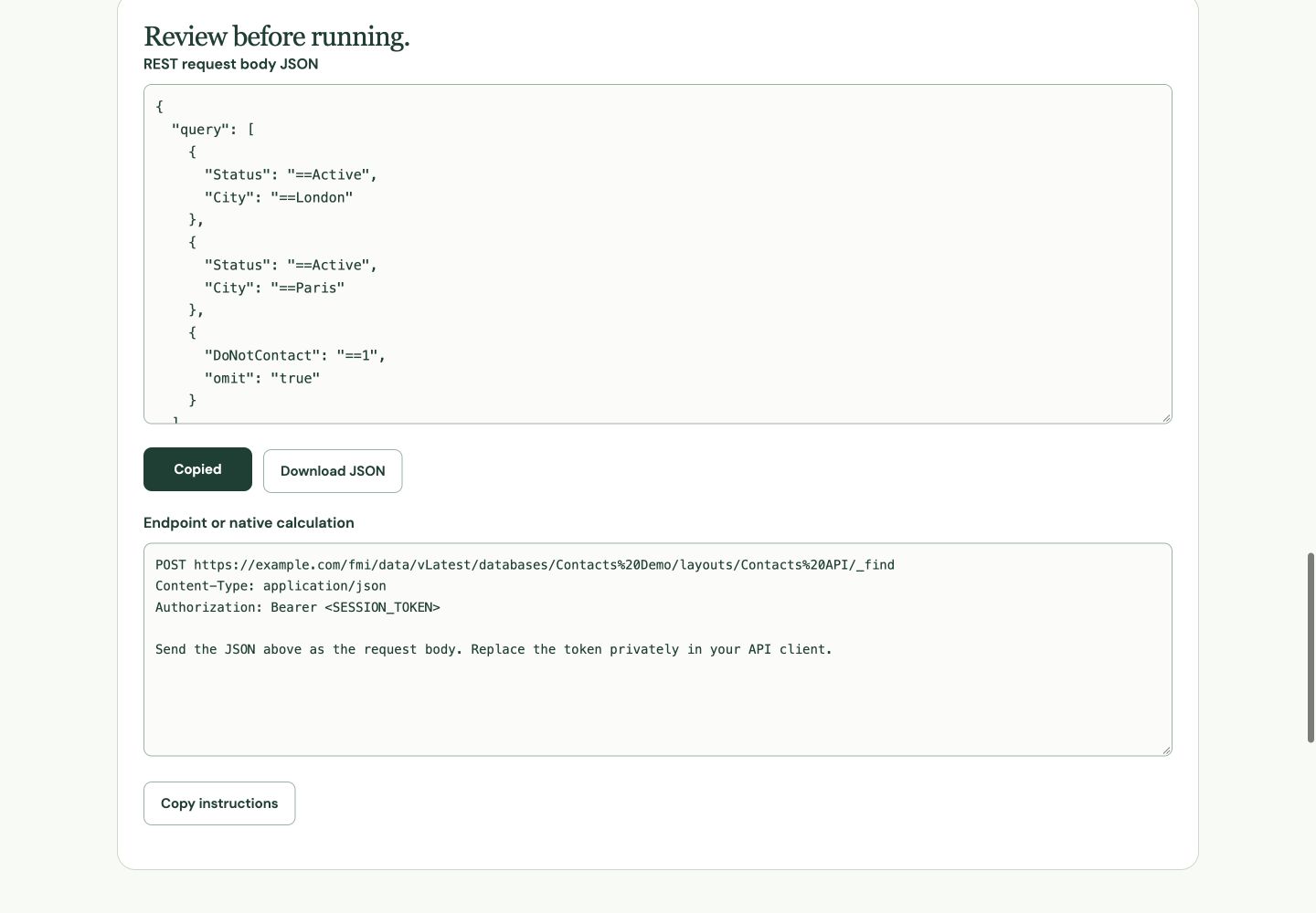 Browser tool: the generated include/omit request with two sort fields. No server request was sent.