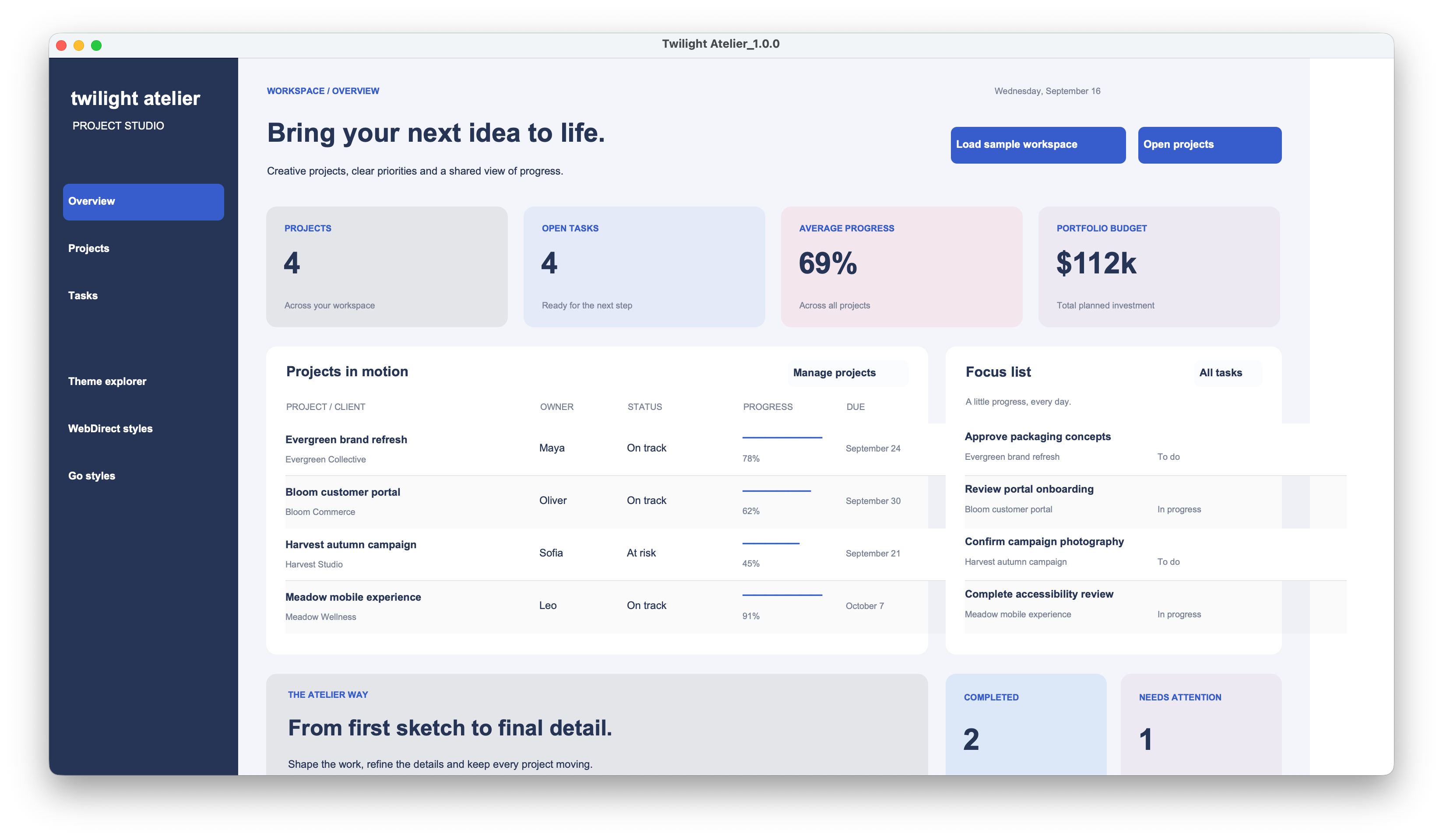 Twilight Atelier native dashboard preview