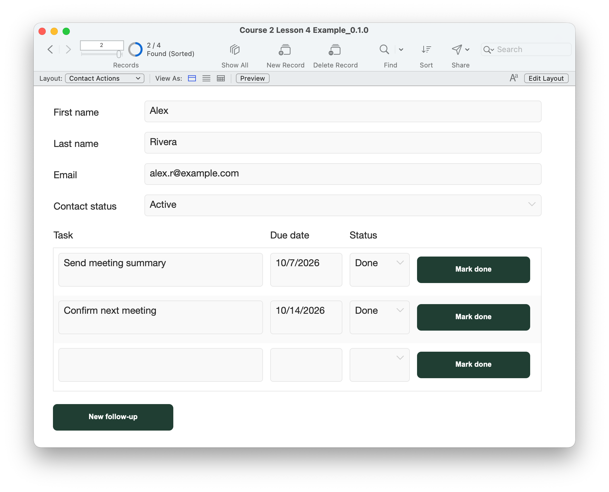 Contact Actions for Alex Rivera with two tasks marked Done, a Mark done button in each portal row and New follow-up below the portal.
