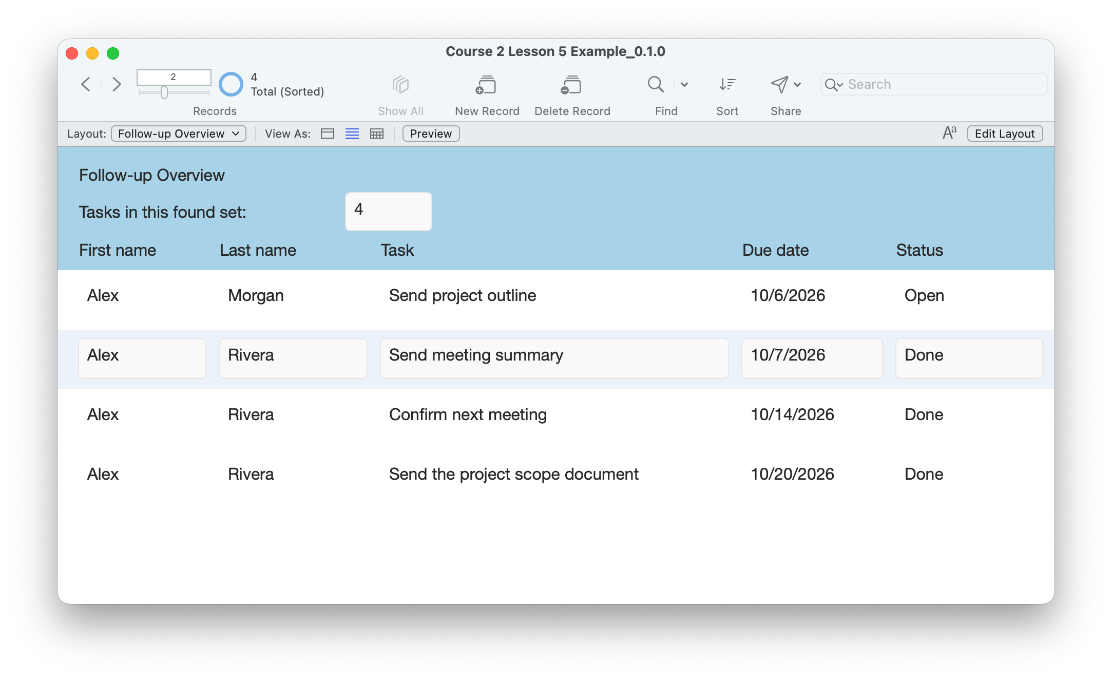 Follow-up Overview in List View with a summary count of four tasks sorted by due date, one Open for Alex Morgan and three Done for Alex Rivera.