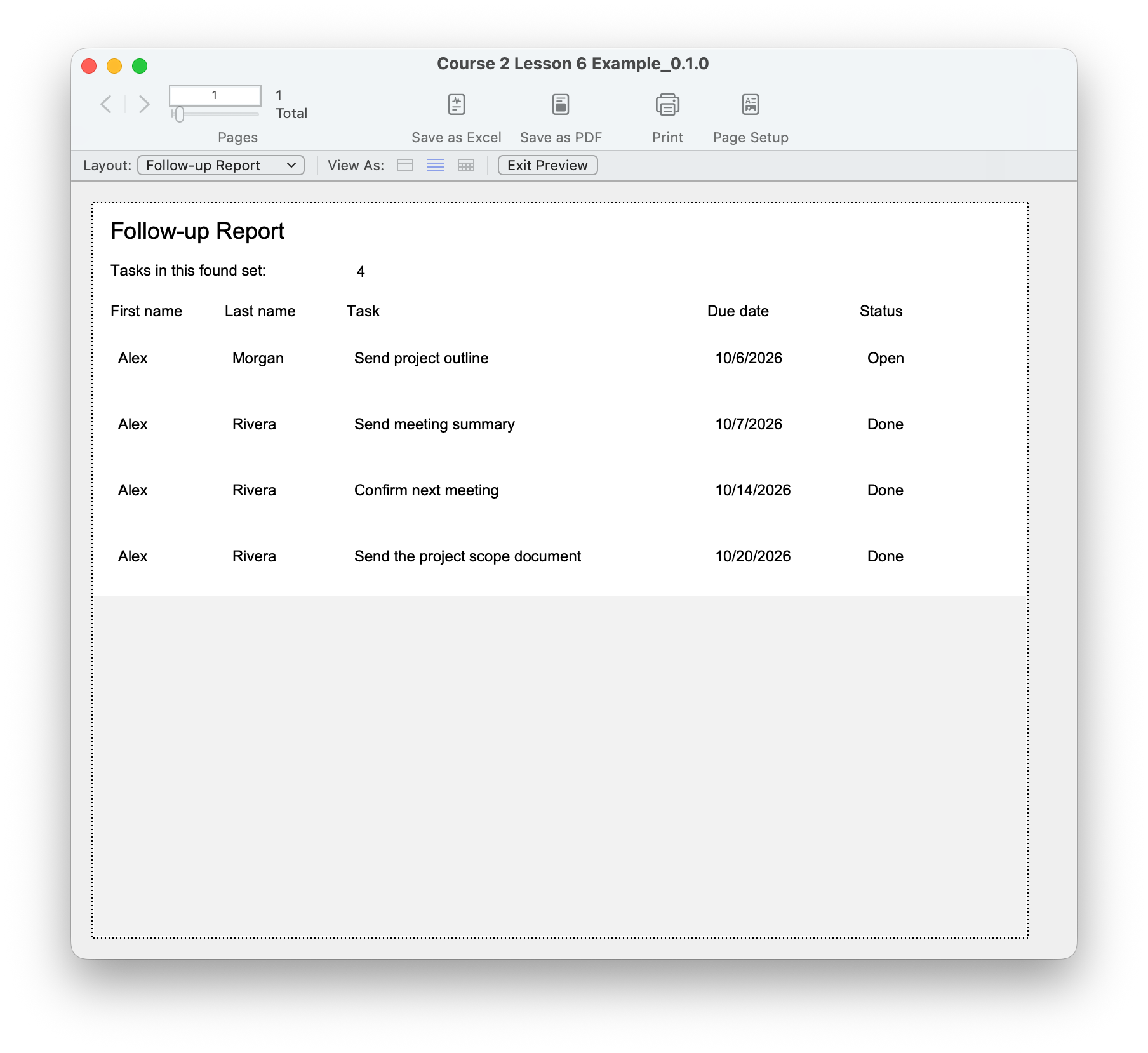 Follow-up Report in Preview mode showing one page with all four tasks, a count of four, one Open task for Alex Morgan and three Done tasks for Alex Rivera.