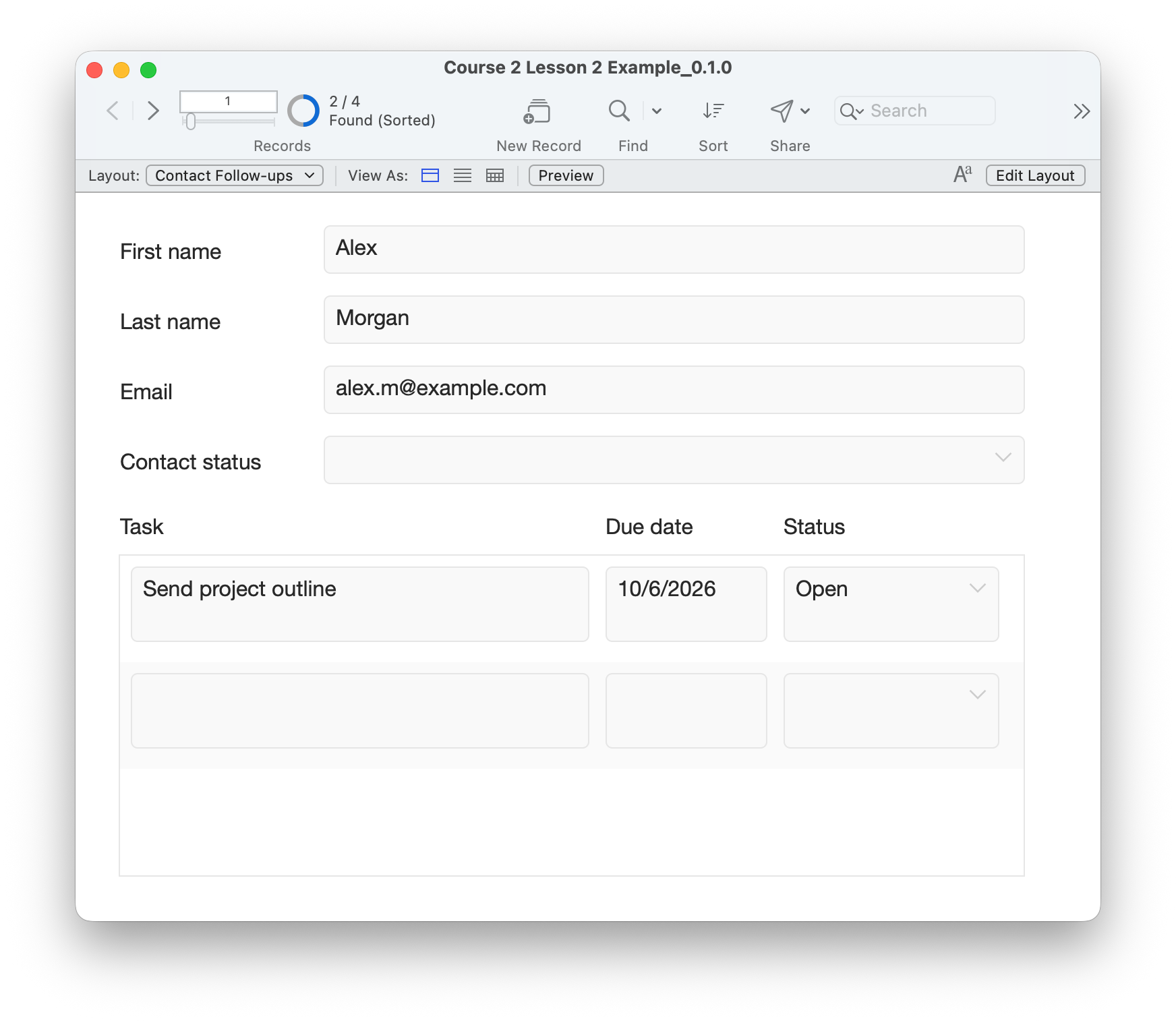 Alex Morgan with the separate Send project outline task marked Open.