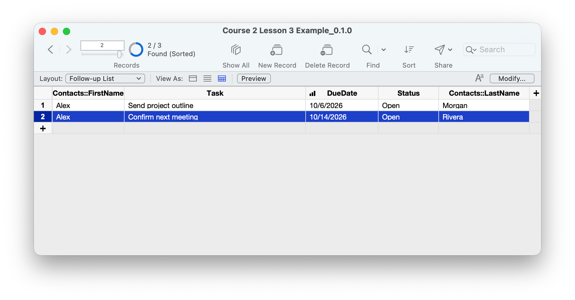 Follow-up List showing two Open tasks sorted by due date: Send project outline for Alex Morgan, then Confirm next meeting for Alex Rivera.