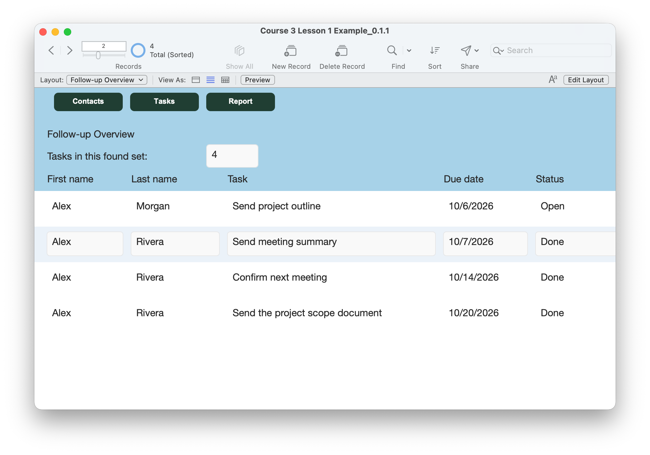 Course 3 Lesson 1 Follow-up Overview with Contacts, Tasks and Report buttons aligned at the left above four tasks and a summary count of four.