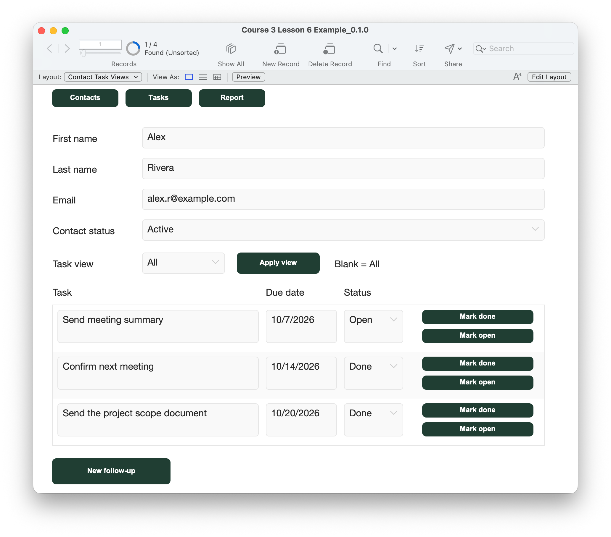 Alex Rivera’s Send meeting summary task is Open, while the other two tasks remain Done. Both Mark done and Mark open appear inside each portal row.