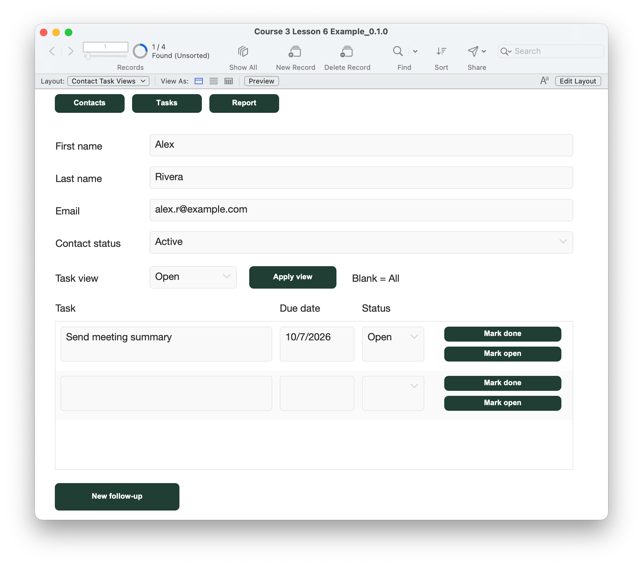 The Open view shows Send meeting summary. The two Done tasks are hidden, not deleted. The blank entry row is not a saved task; the toolbar still counts contacts.