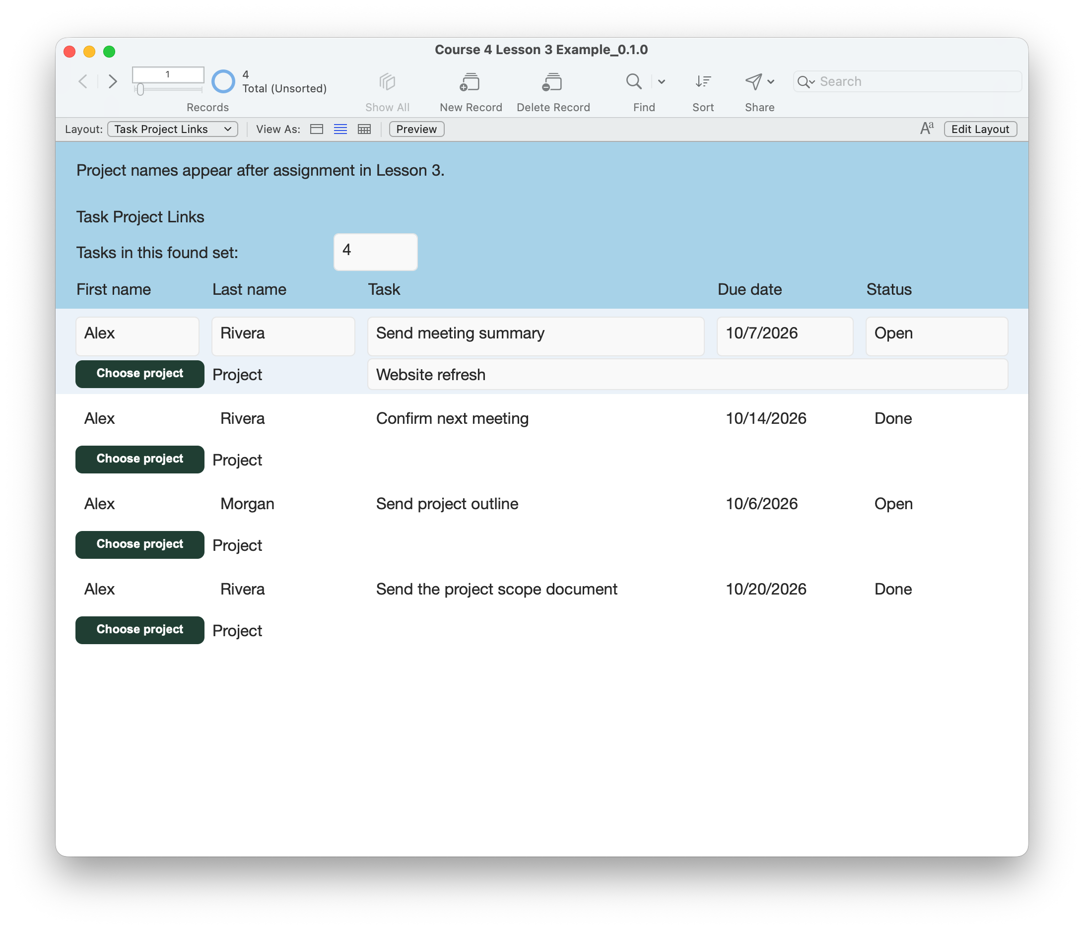 Send meeting summary now displays Website refresh. The list still contains four tasks; the other three project names remain blank.