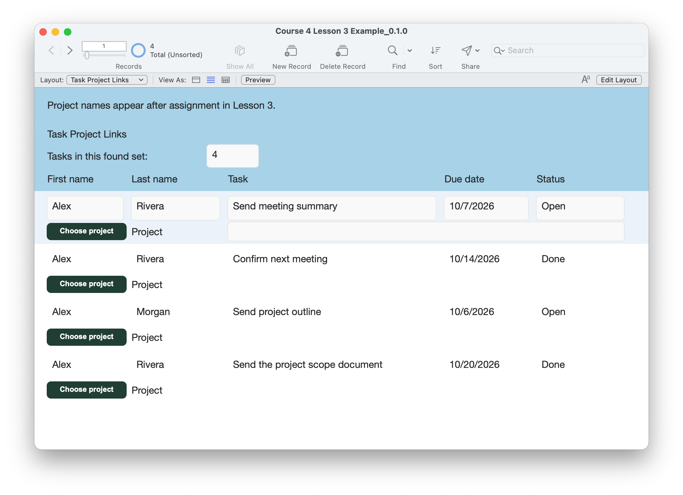 Four tasks are present, with blank project names and a Choose project button for each task.