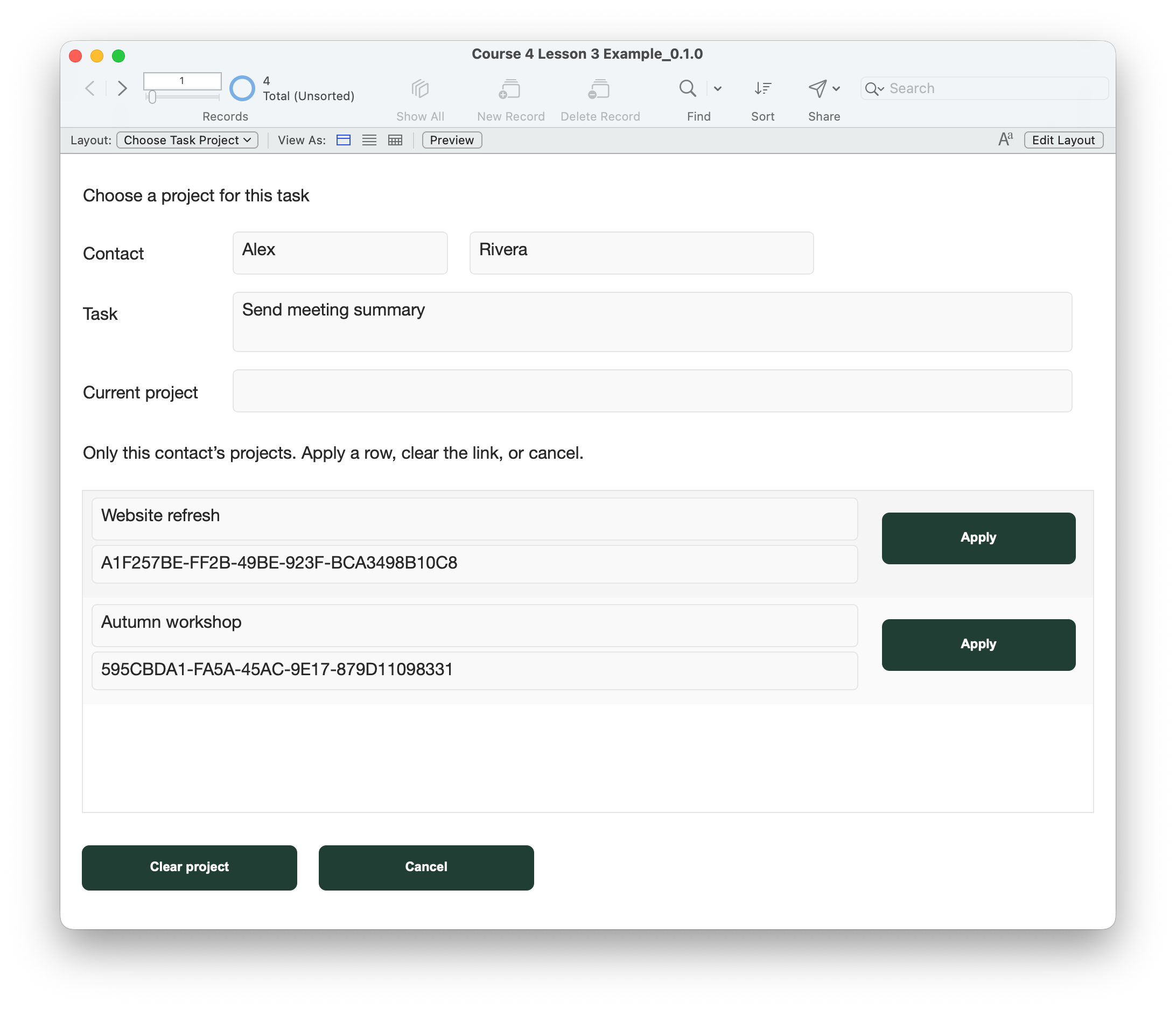 The chooser shows Website refresh and Autumn workshop with their full project IDs, plus Apply, Clear project and Cancel controls.