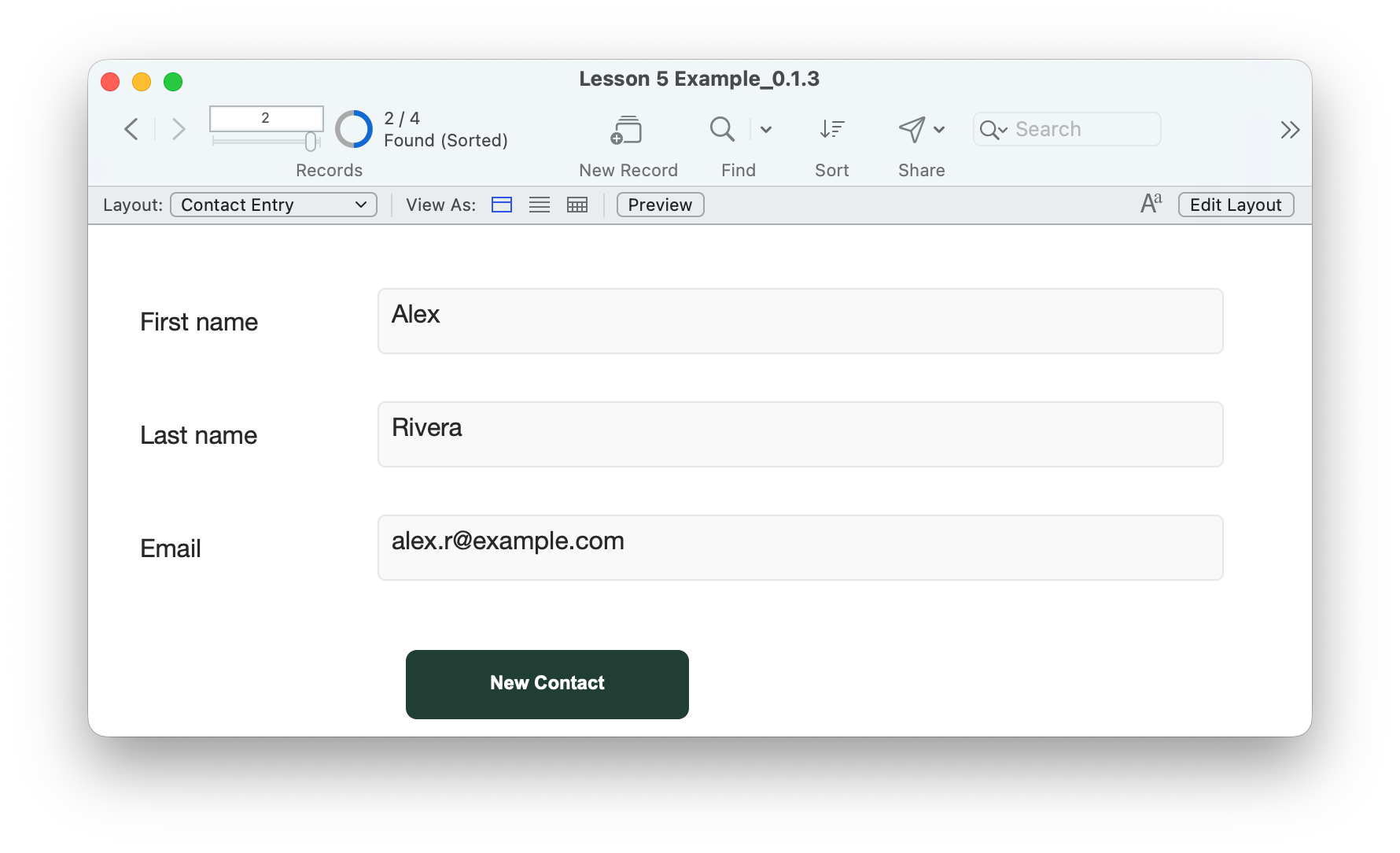 FileMaker Pro Contact Entry layout showing Alex Rivera, the complete email alex.r@example.com and a dark green New Contact button below Email.