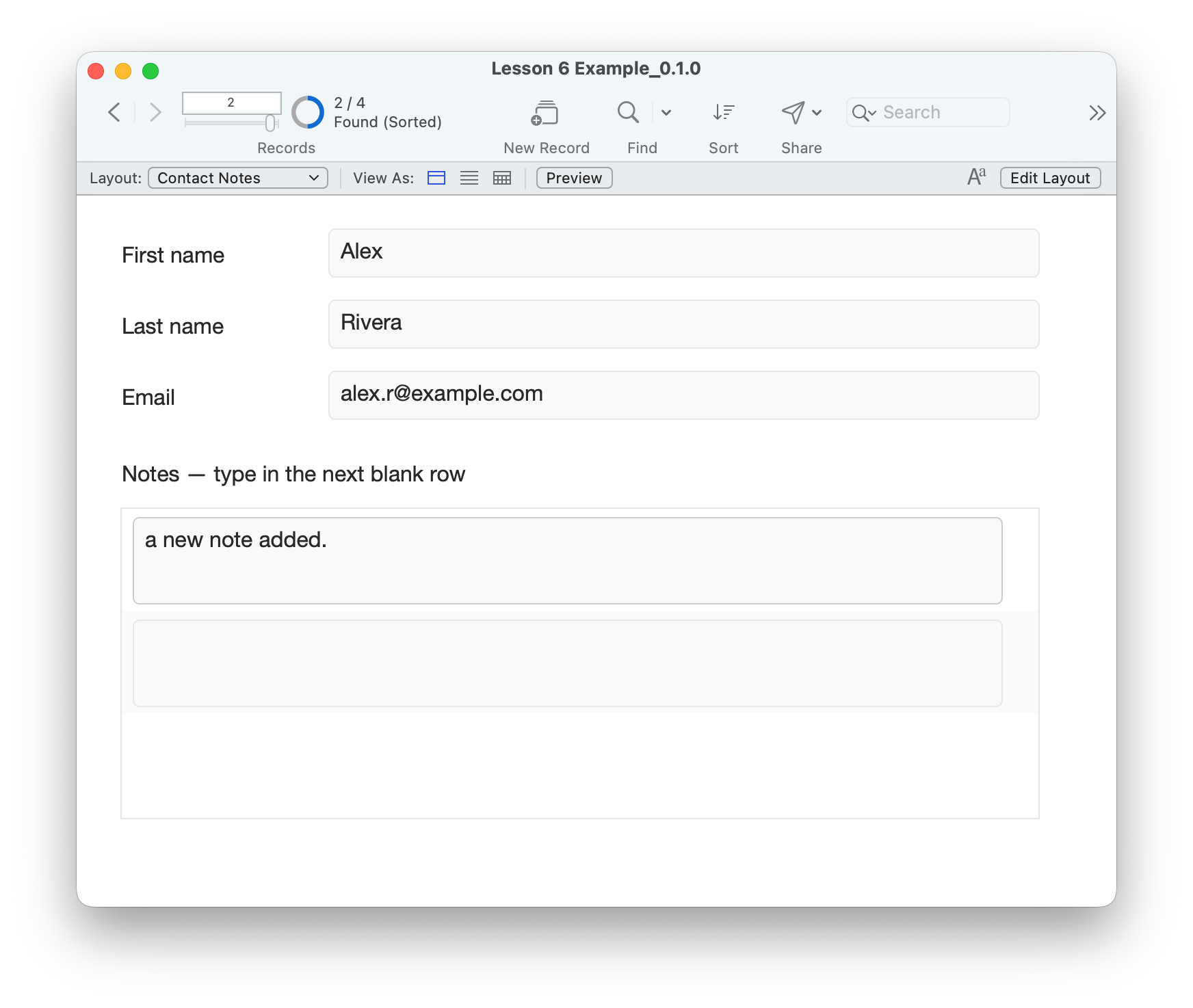 FileMaker Pro Contact Notes layout for Alex Rivera with the note a new note added. in the first portal row and a blank entry row below.
