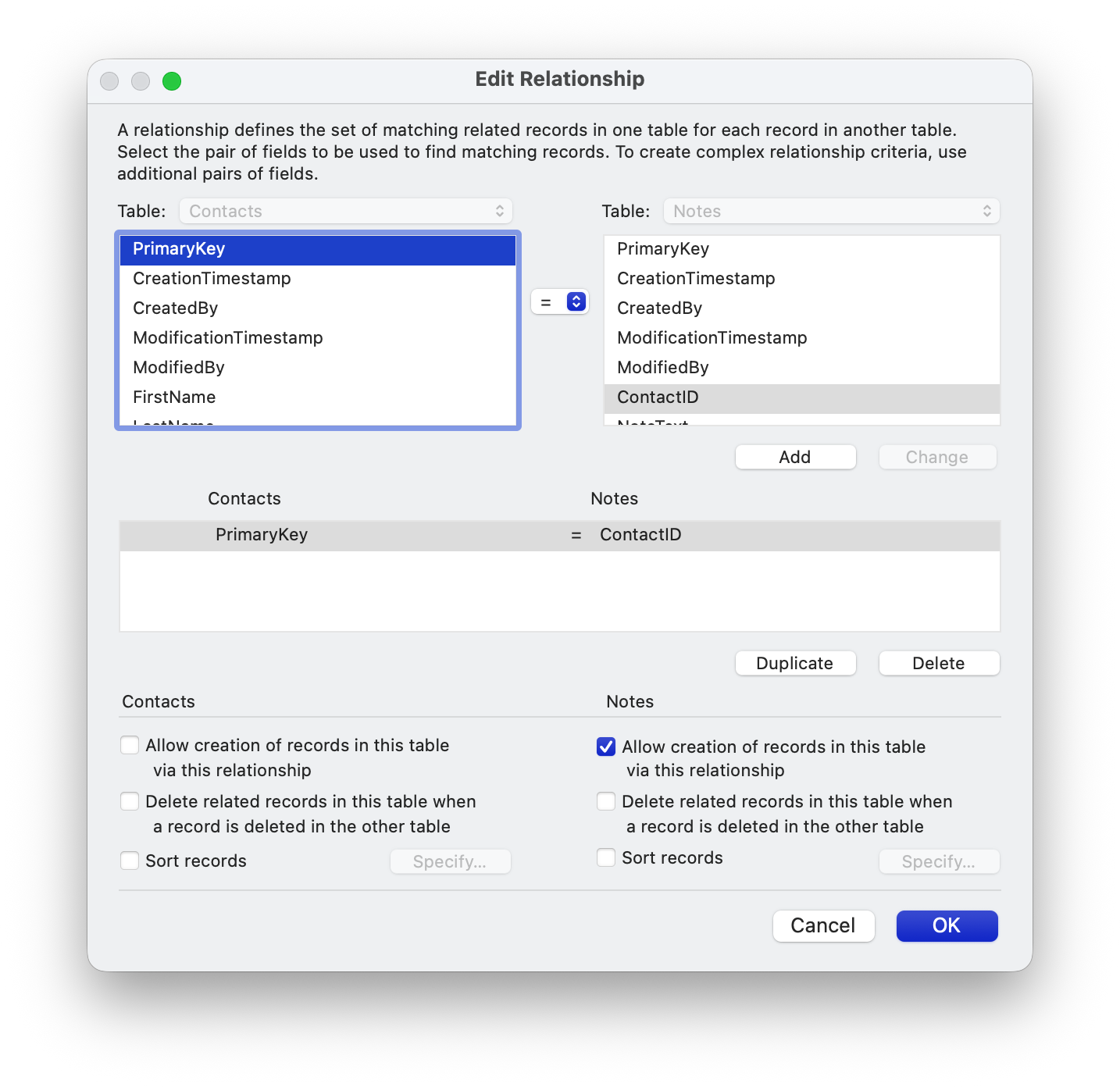 Edit Relationship dialog with Contacts PrimaryKey equal to Notes ContactID, related record creation enabled on Notes only, and cascading deletion unchecked on both sides.